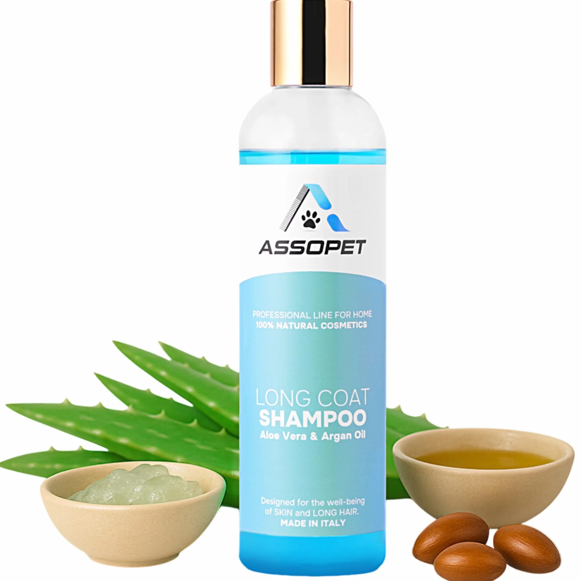 Szampon dla Psów Długowłosych 250ml – ASSOPET - Naturalny Szampon Rozplątujący z Bio Olejem Arganowym i Bio Aloe Vera – Miękka, Lśniąca i Jedwabista Sierść – Delikatny, 100% Wegański, Made in Italy