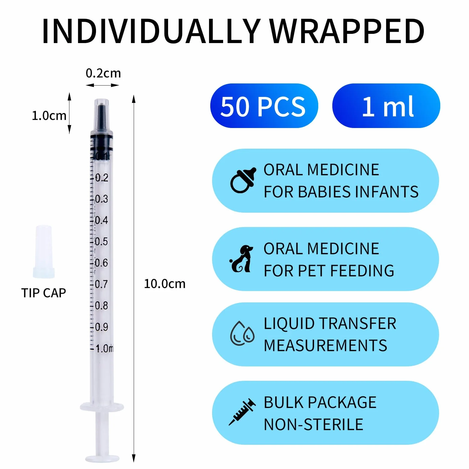 50 szt. 1 ml strzykawek bez igły, mililitr laboratoryjne, plastikowe (bez igieł)