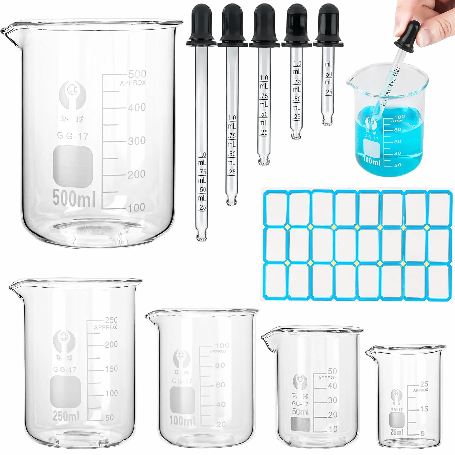 Zestaw 5 szklanek laboratoryjnych miarowych 25-500ml szkło borokrzemowe z podziałką
