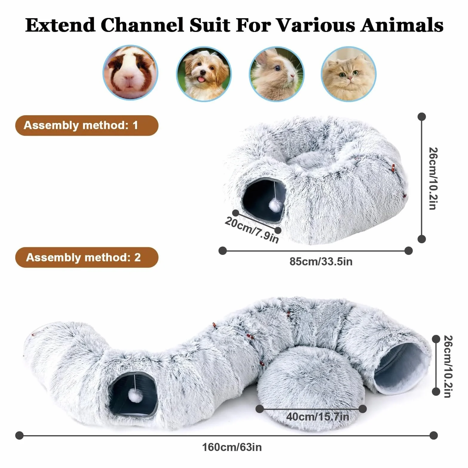FURRYPAWS Tunel dla kota 3 w 1 z łóżkiem - 160cm Konwertowalny (S/C/Okrągły), Oddychający, Wytrzymała Metalowa Rama, Składany dla Kotów Domowych/Królików/Małych Psów