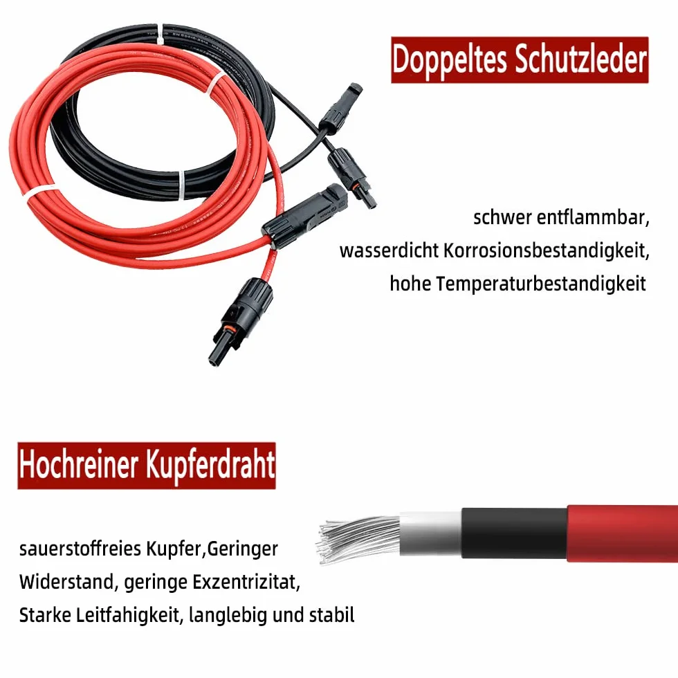 Profesjonalny kabel połączeniowy, przedłużacz z obu stron, wtyczka solarna, kabel solarny czerwony/czarny, 6 mm², wraz z zamontowaną wtyczką solarną (4 mm² 1 m)