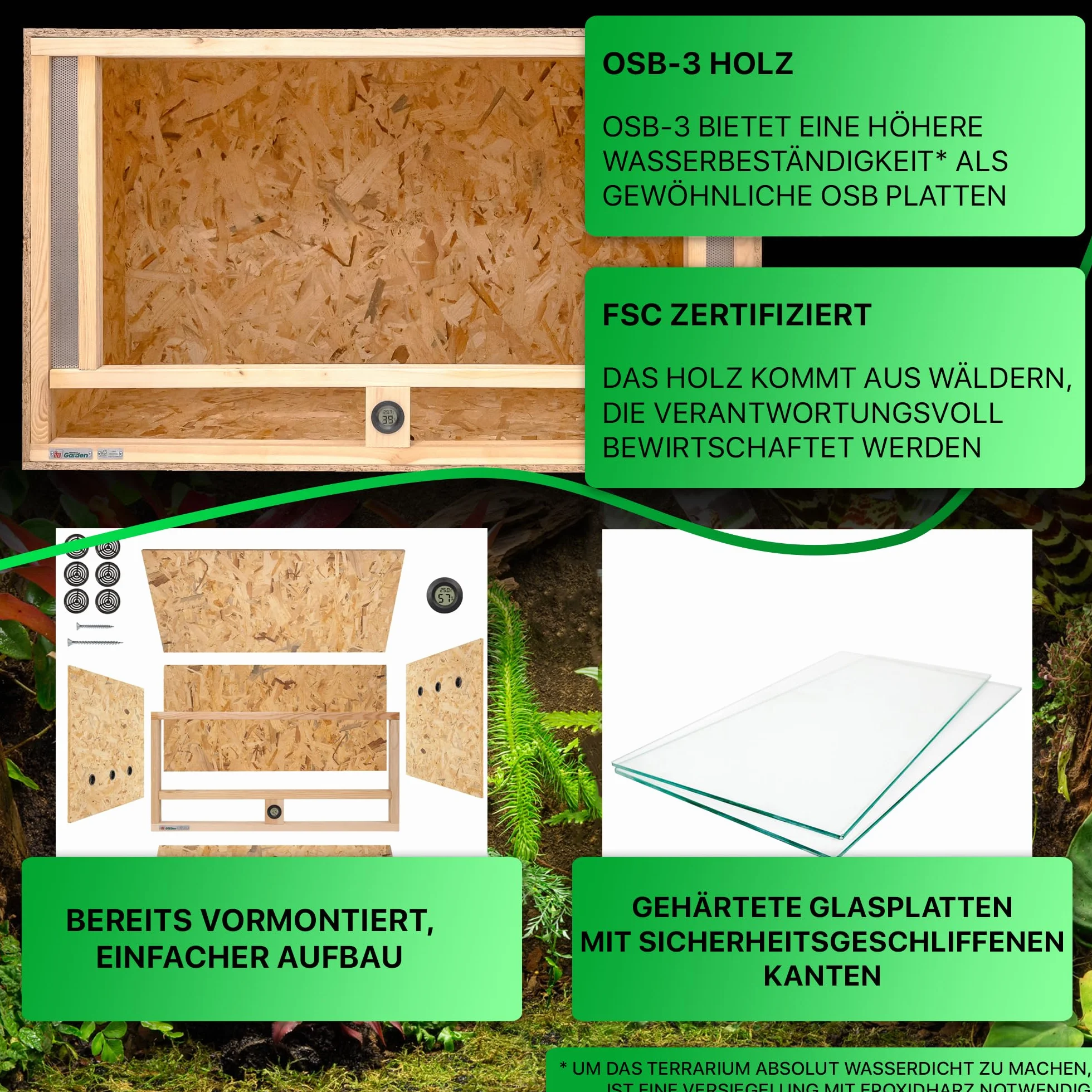 ITA Drewniane terrarium 120 x 60 x 60 cm ze zintegrowaną wentylacją i higrometrem, drewniane terrarium OSB-3, dla gadów, węży, płazów - produkt UE, certyfikat FSC