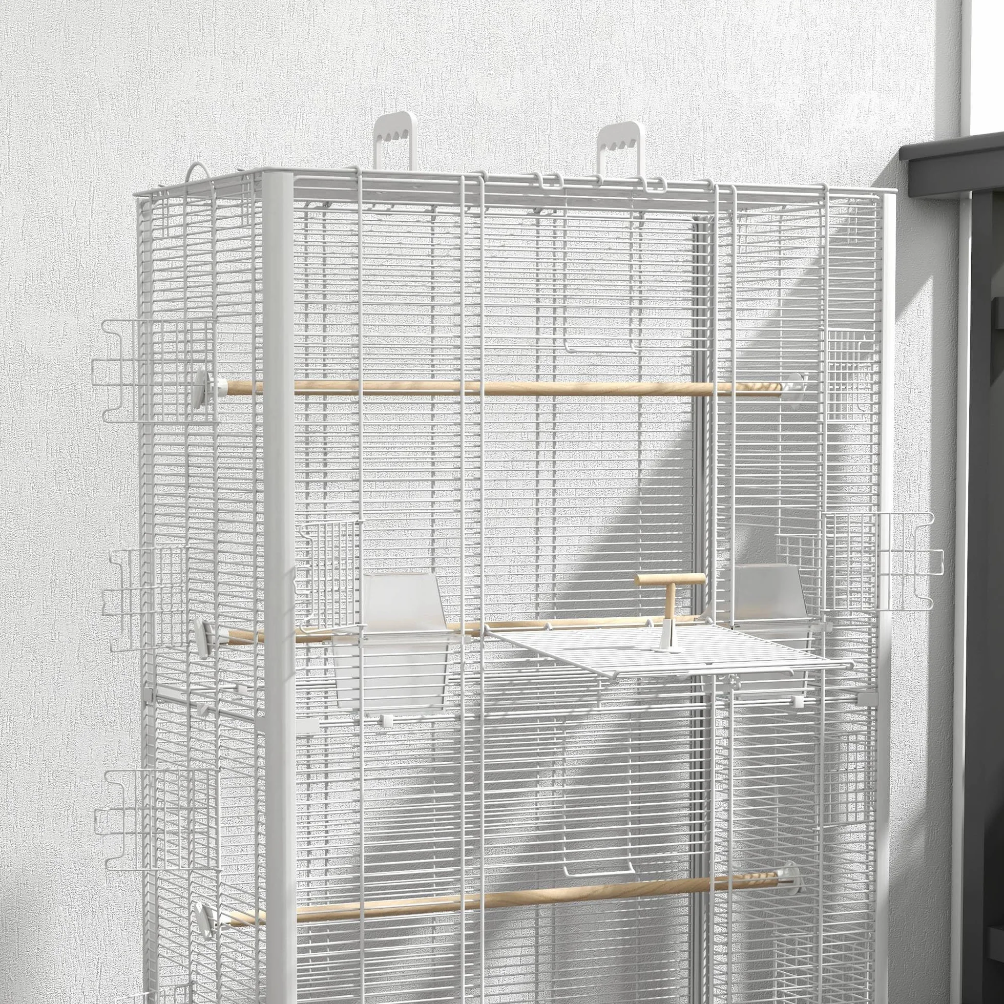 PawHut klatka na ptaki, wolierka z drzwiami, drążkami do siedzenia – klatka dla ptaków kanarków, papużek, papużków, 61 x 36,5 x 98 cm, biały