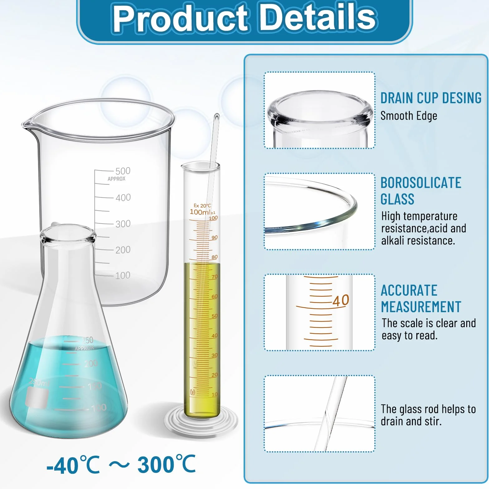 14 sztuk szklanych kubków z miarką 50/100/500 ml, szklana butelka 50/100/250 ml, cylinder z podziałką szklaną 10/50/100 ml z 1 pędzlem, 2 średnicami i 2 kroplami, zestaw do laboratorium