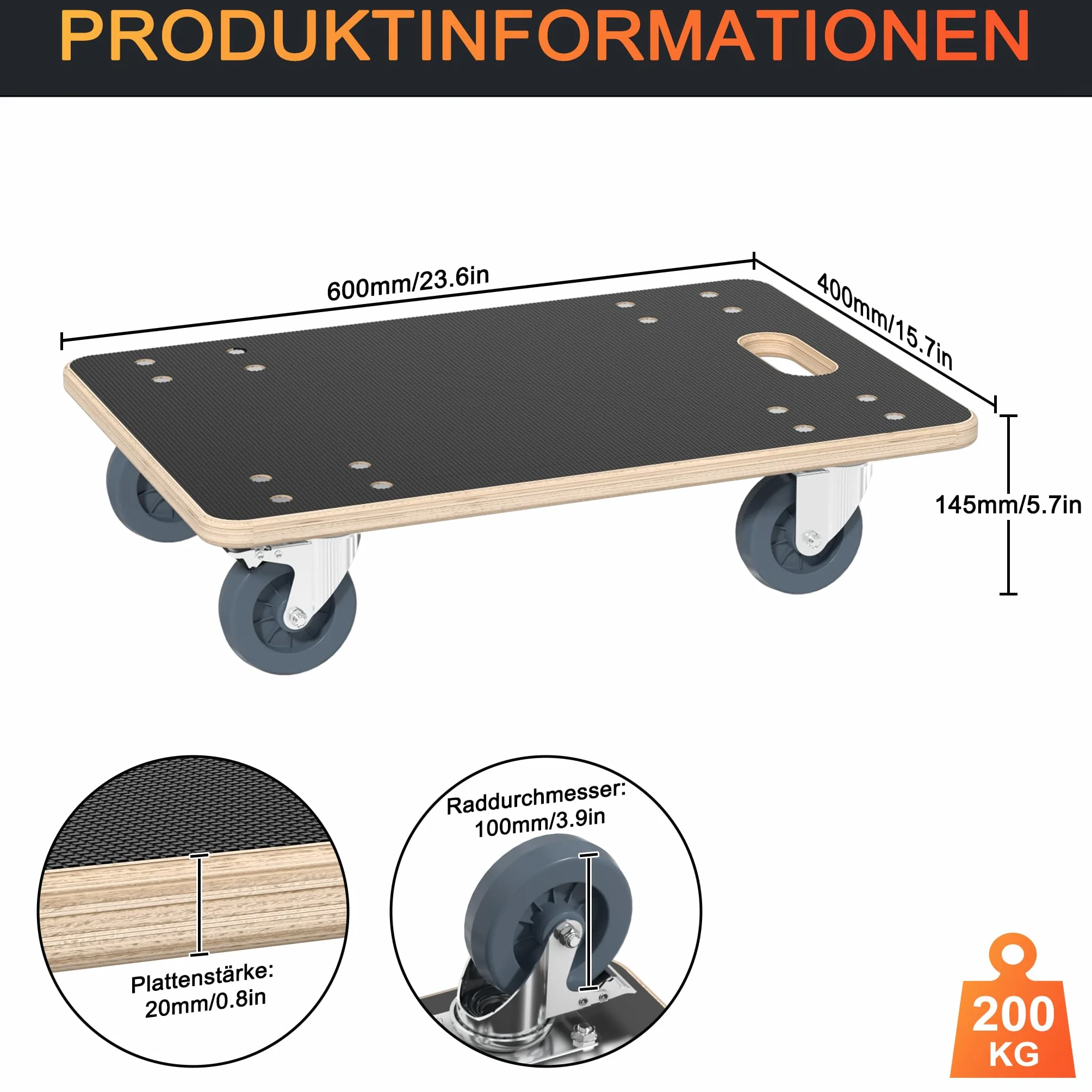 AufuN 1x wózek transportowy na kółkach 60x40x14,5 cm z hamulcem, wózek transportowy do mebli z pomocą przy przeprowadzce, do transportu mebli o udźwigu do 200 kg, wytrzymały i bezpieczny