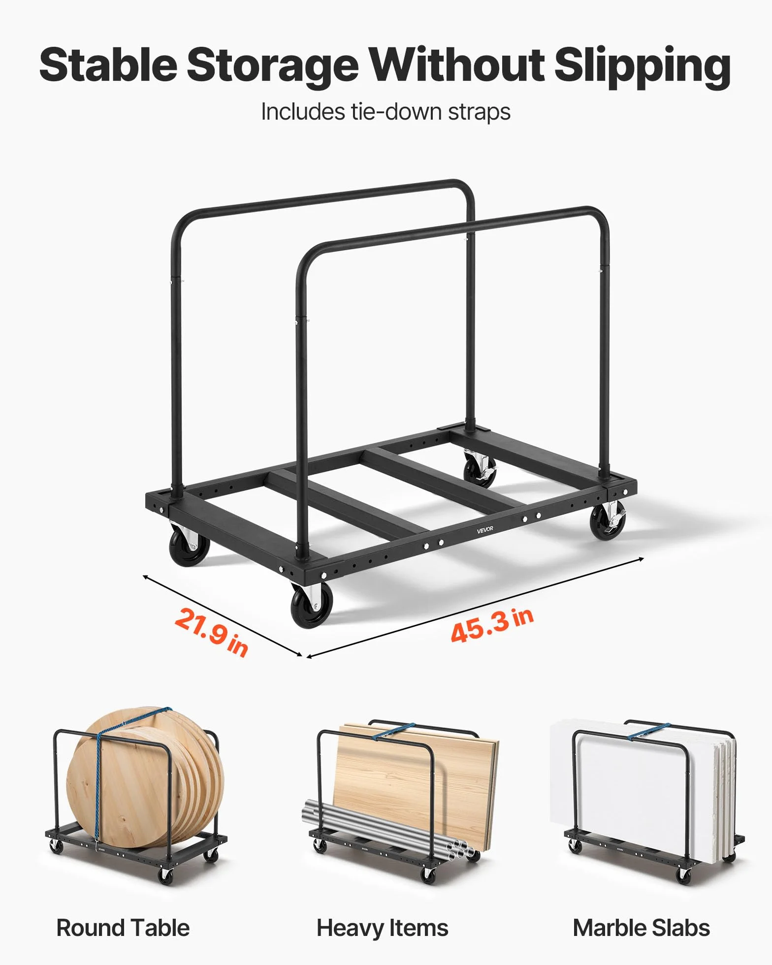 VEVOR Wózek do płyt gipsowo-kartonowych, obciążenie 816 kg, wózek do paneli stalowych z obrotowymi kółkami 12,5 mm, z paskiem mocującym i 2 poręczami bocznymi do fabryki, garażu, czarny