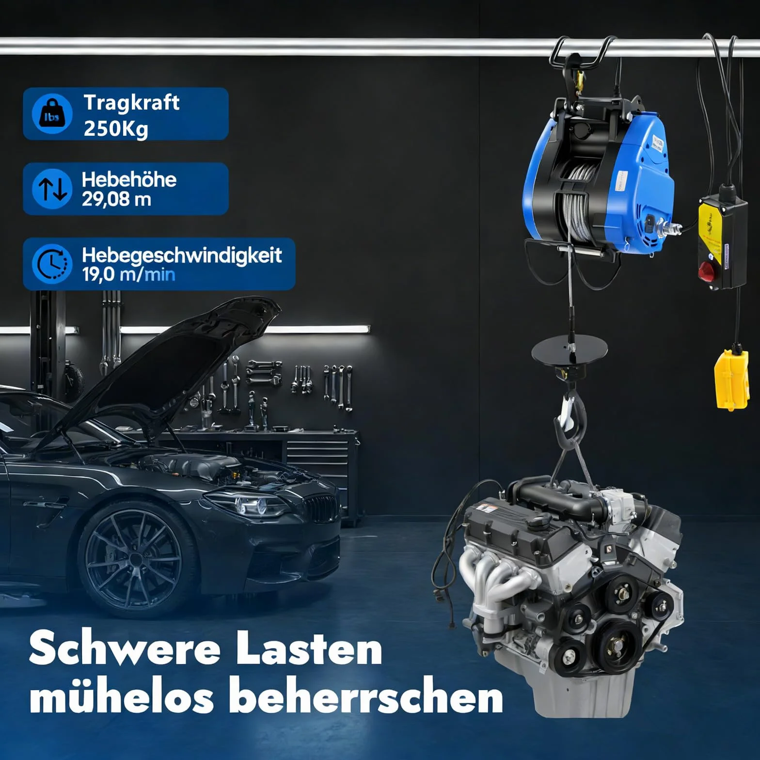 Mobilna wciągarka elektryczna 230 V, 250 kg, nośność 19 m/min, bezprzewodowy pilot zdalnego sterowania (100 m), z bateriami, uchwyt sterujący kablem 1500 W, wysokość podnoszenia 29 m, linka druciana