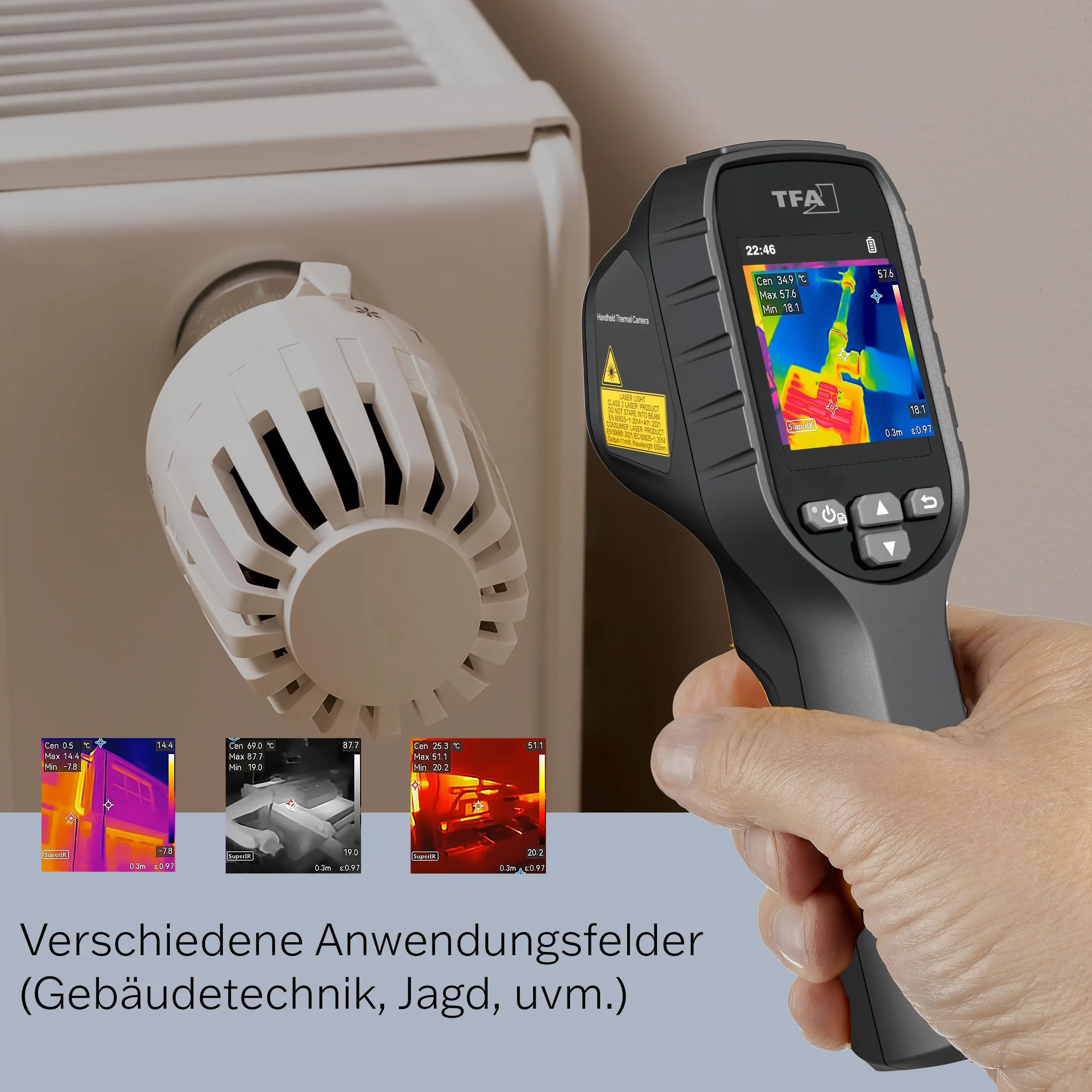 TFA Dostmann Visualtemp kamera termowizyjna o rozdzielczości 96 x 96 na podczerwień, 31.1144, przenośna, 8 godzin pracy baterii, od -20°C do 550°C, dokładność +/- 3°, IP 54, na polowania lub inspekcje
