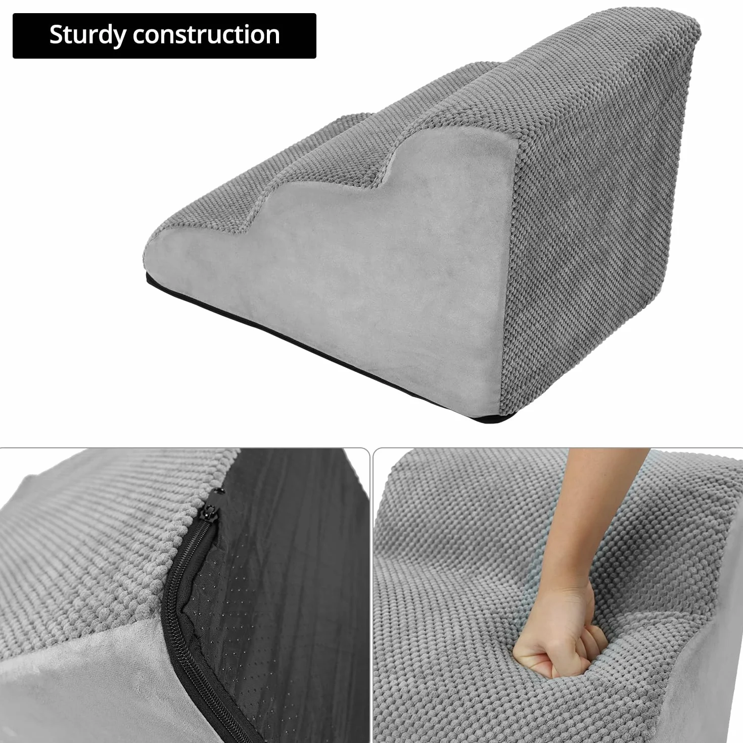 QWORK® Szare schody dla psa, 3-stopniowe, 60x40x40cm, z wysokiej gęstości gąbką, ze zdejmowanymi pralnymi pokrowcami