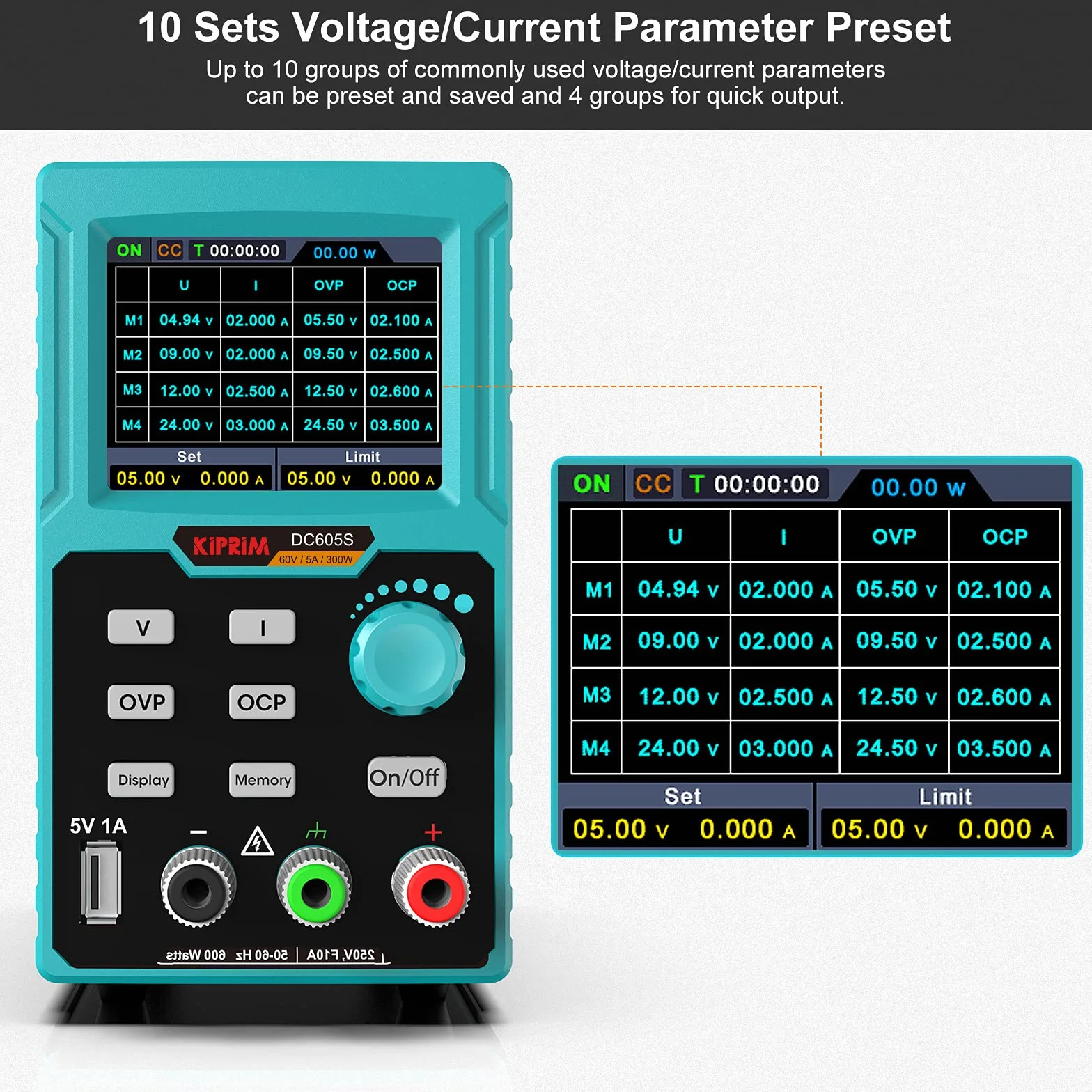 Kiprim DC605S Programowalny zasilacz laboratoryjny, 0–60 V / 0–5 A, z 4-cyfrowym wyświetlaczem LED, stabilizowany zasilacz impulsowy, miernik prądu, odporny na przeciążenie i zwarcie