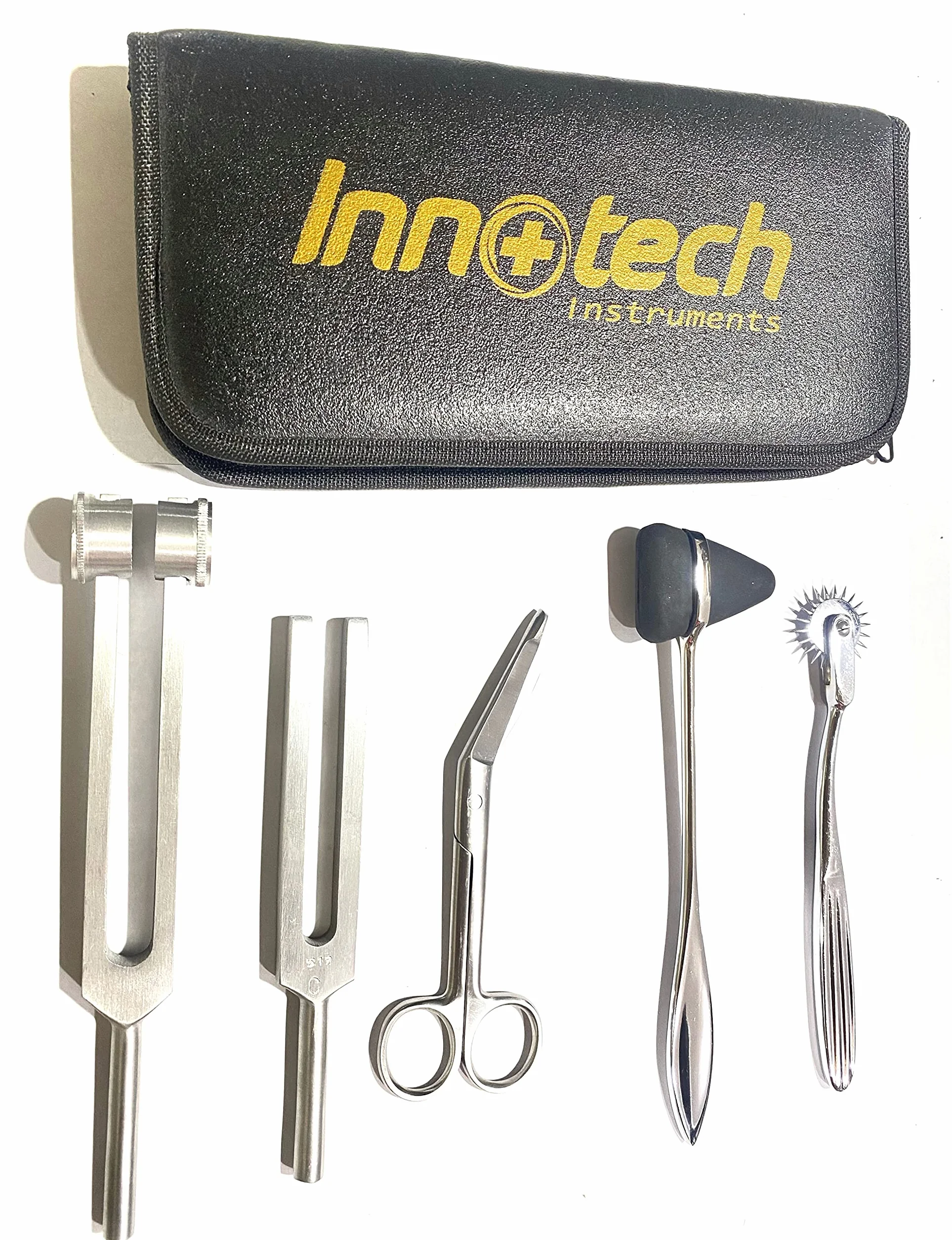 Innotech Diagnostik Reflex i neurologia, 5-częściowy zestaw diagnostyczny z kółkiem nerwowym, młotem odblaskowym, nożyczkami, widelcem do strojenia, 512 Hz i 128 Hz (zestaw odblaskowy)