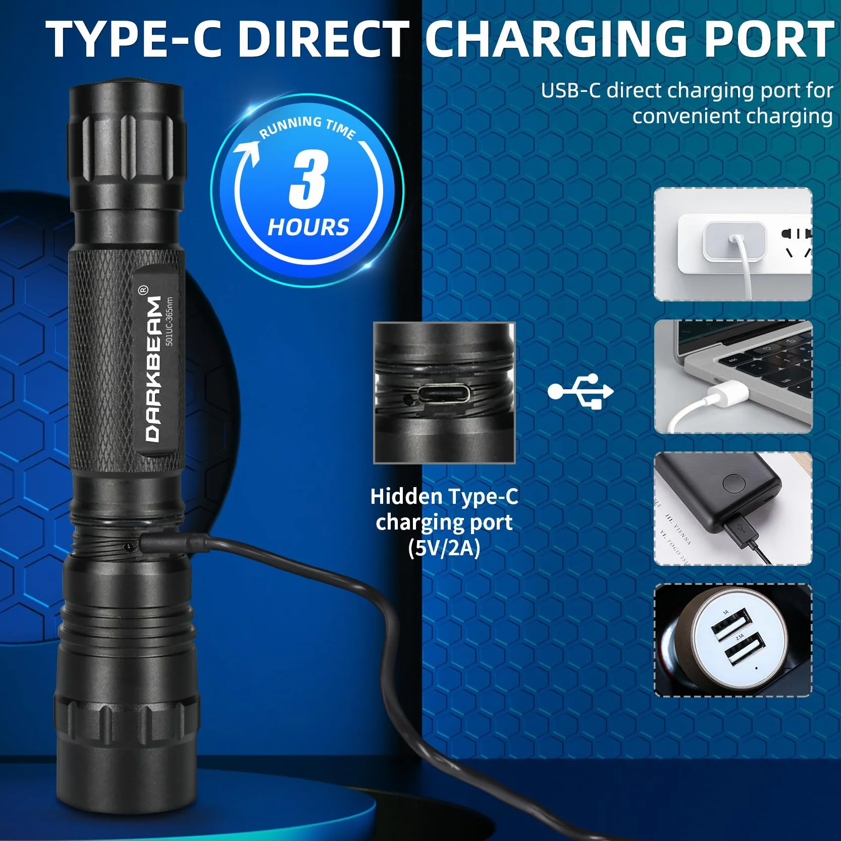 DARKBEAM Latarka UV 365 nm, światło czarne światło, mini mocna lampa drewniana, USB-C do ładowania, LED 10 W, ultrafioletowe, kieszonkowe wykrywacz moczu dla zwierząt domowych, do minerałów, szkła