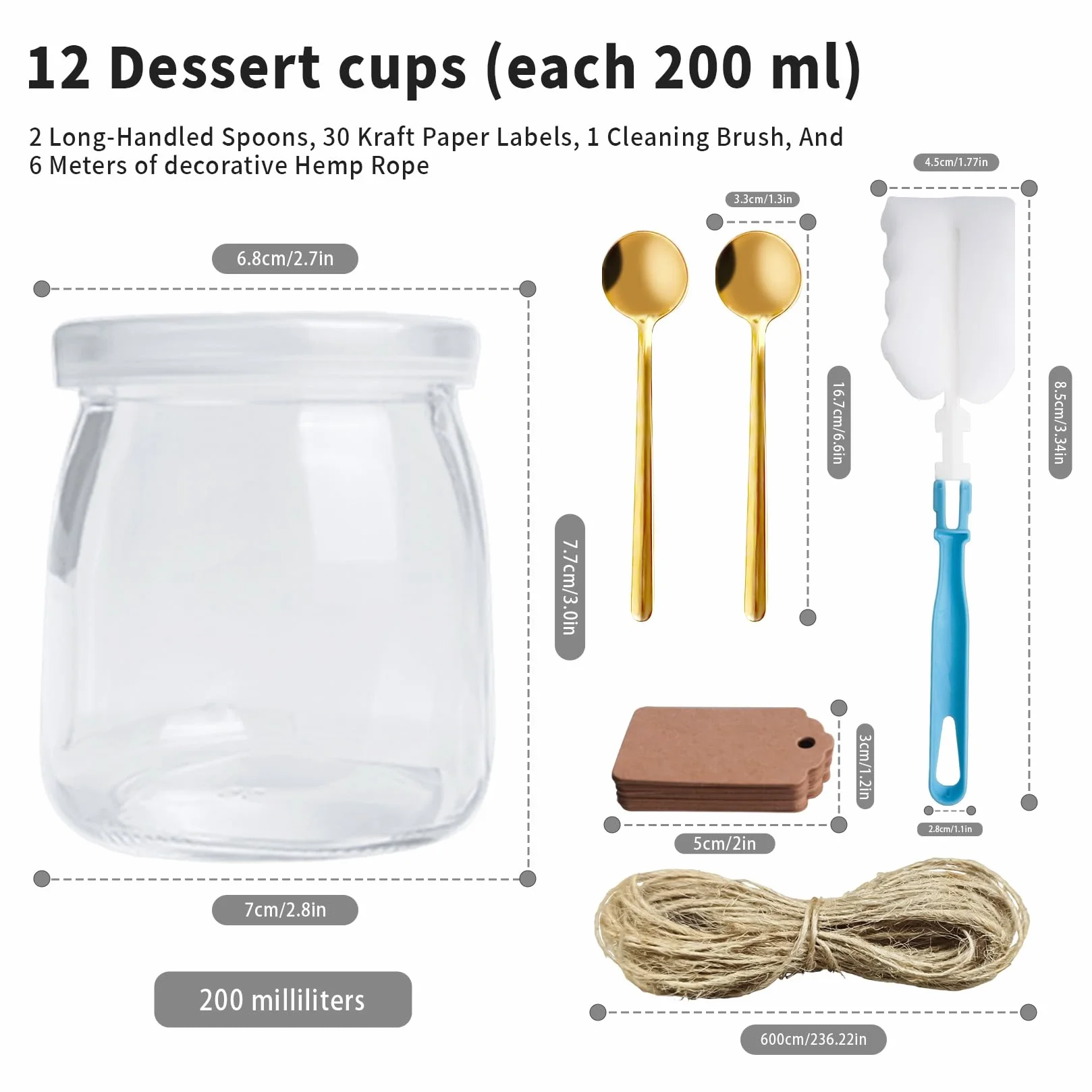 12 sztuk słoików deserowych z pokrywką, 200 ml, przezroczyste szklanki do jogurtu z pokrywką, szklanki deserowe na deser z pokrywkami, szklanki deserowe do dżemów, musli
