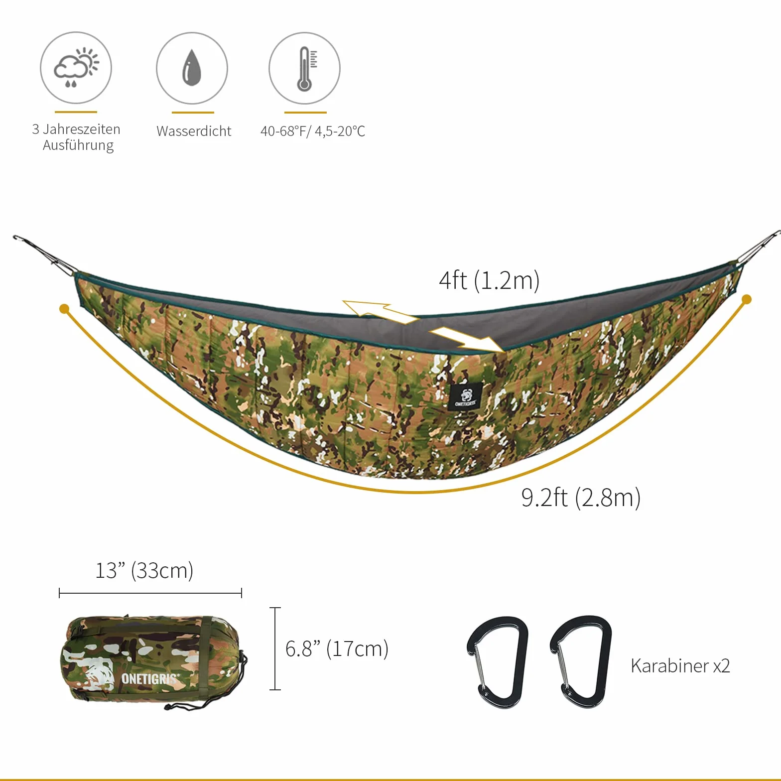 OneTigris Hideout Hamak, mata pod hamak, podsufitki, ochrona cieplna, ultralekki, do aktywności na świeżym powietrzu, wędrówek, na kemping, 280 x 120 cm, moro