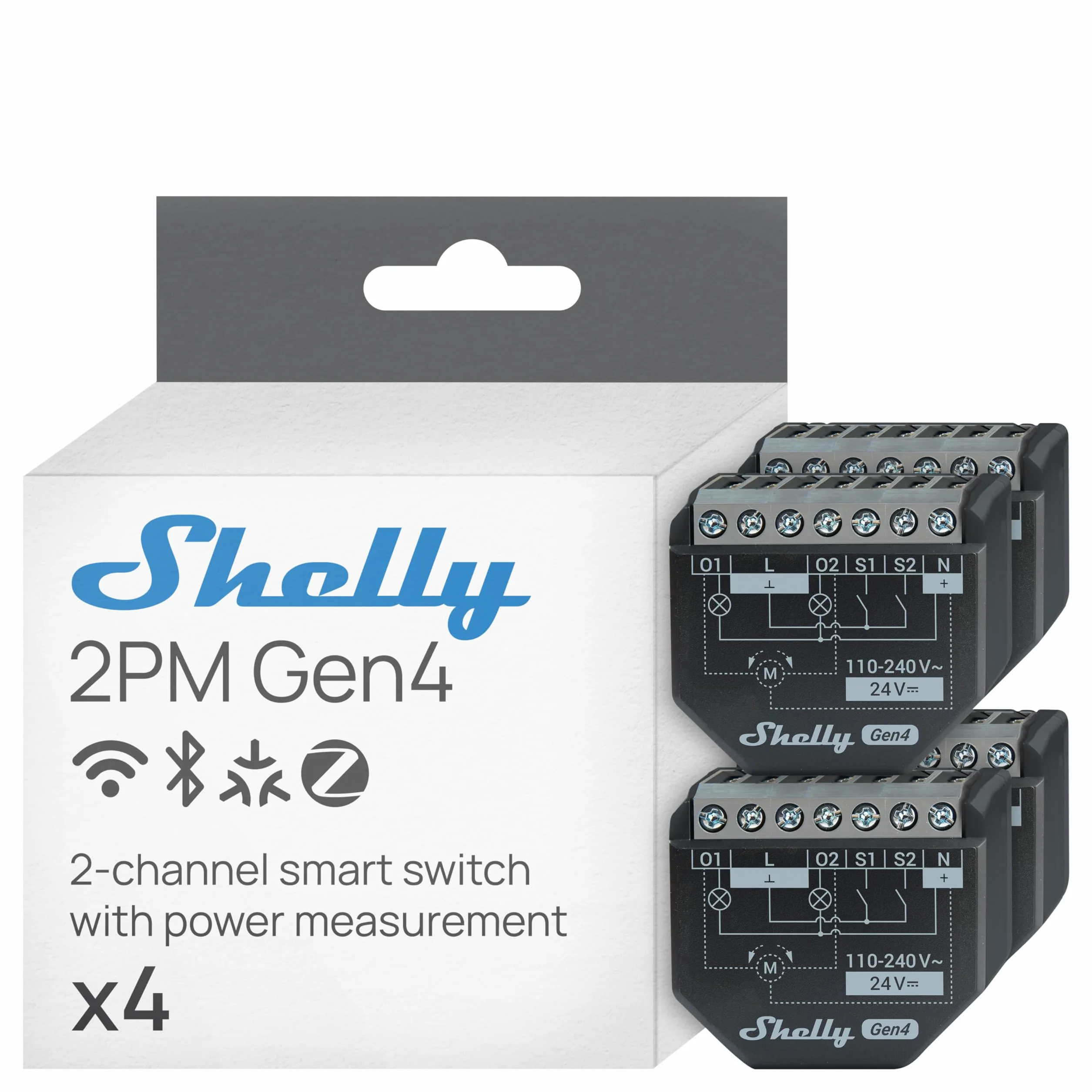 Shelly 2PM Gen4, inteligentny przełącznik przekaźnikowy zasilany Wi-Fi, 2 kanały, 16 A, pomiar mocy, przełącznik rolety, automatyka domowa, nie wymaga koncentratora, Alexa, HomeKit & Googlе, Zigbee