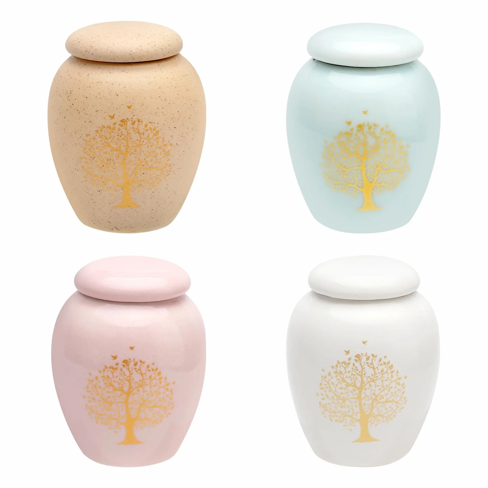 TNSLAND Mała urna na ludzkie prochy – zestaw 4 sztuk ceramicznych mini urn z drzewem życia – dla ludzi, psów, kotów – do bezpiecznego przechowywania
