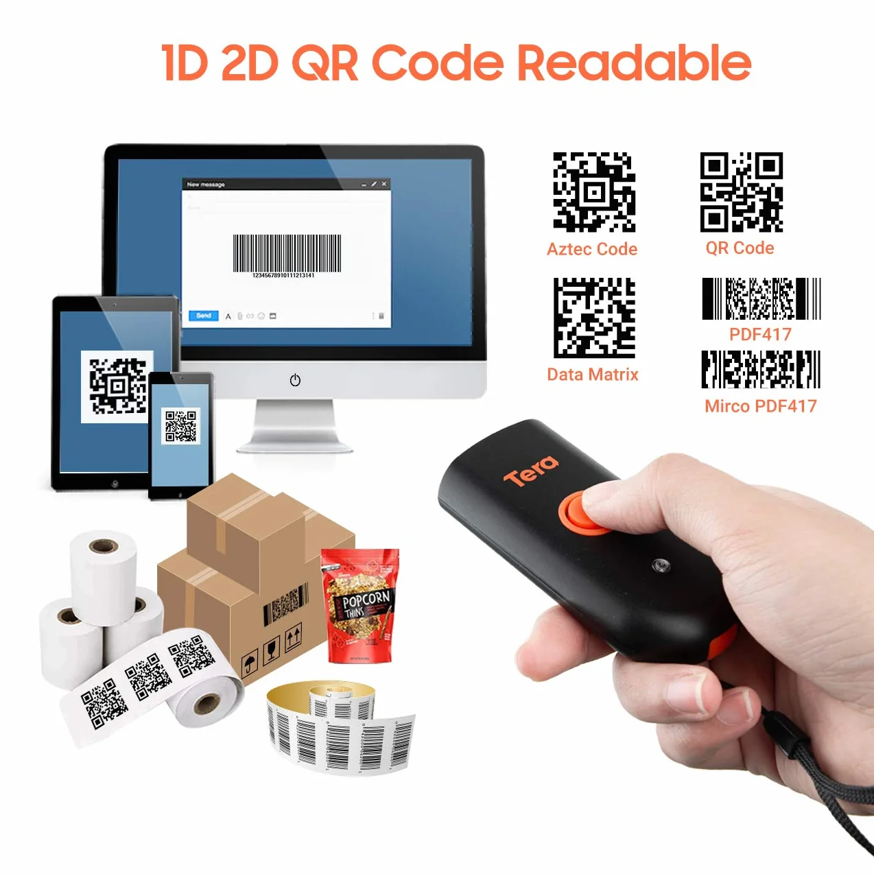 Tera Mini przenośny skaner kodów kreskowych CMOS skaner kodów kreskowych 3 w 1, Bluetooth, kabel USB, bezprzewodowy 2,4 G, do kodów kreskowych 1D 2D QR na papierze i wyświetlaczu, 1100D