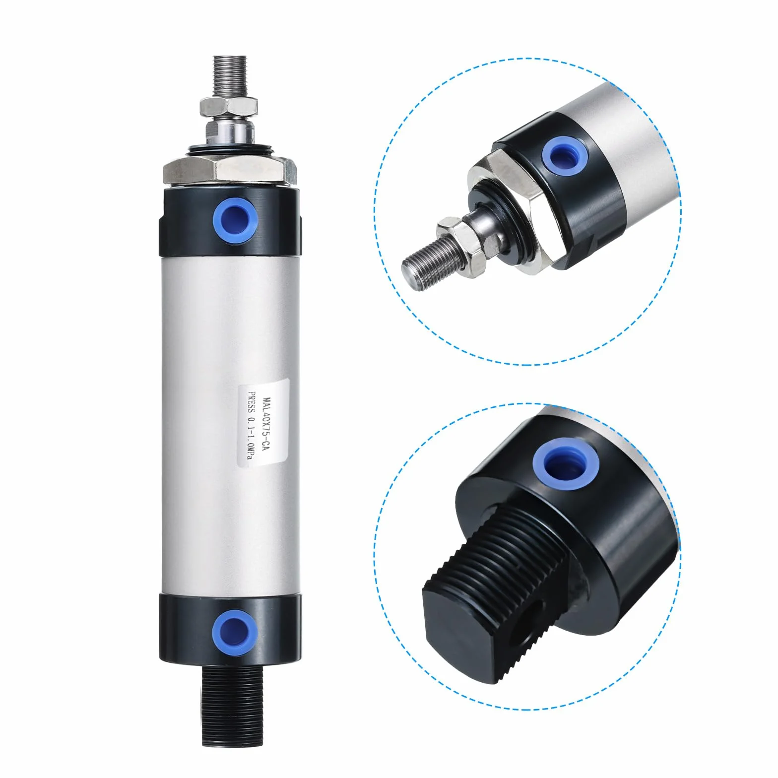 PATIKIL Pneumatyczny cylinder pneumatyczny 40 mm, otwór 75 mm, pojedynczy pręt MAL16 podwójne działanie z 1 szt. złącza Y, 2 szt. szybkozłączki, 1 x taśma do urządzeń automatycznych, srebrny