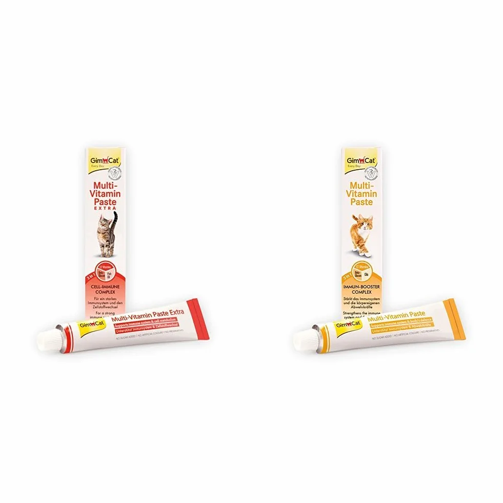 GimCat Multi-Vitamin Extra Pasta multiwitaminowa, z kwasami tłuszczowymi omega-3 i omega-6 dla ochrony komórek - 1 tubka (1 x 200 g) & GimCat Multi-Vitamin pasta multiwitaminowa