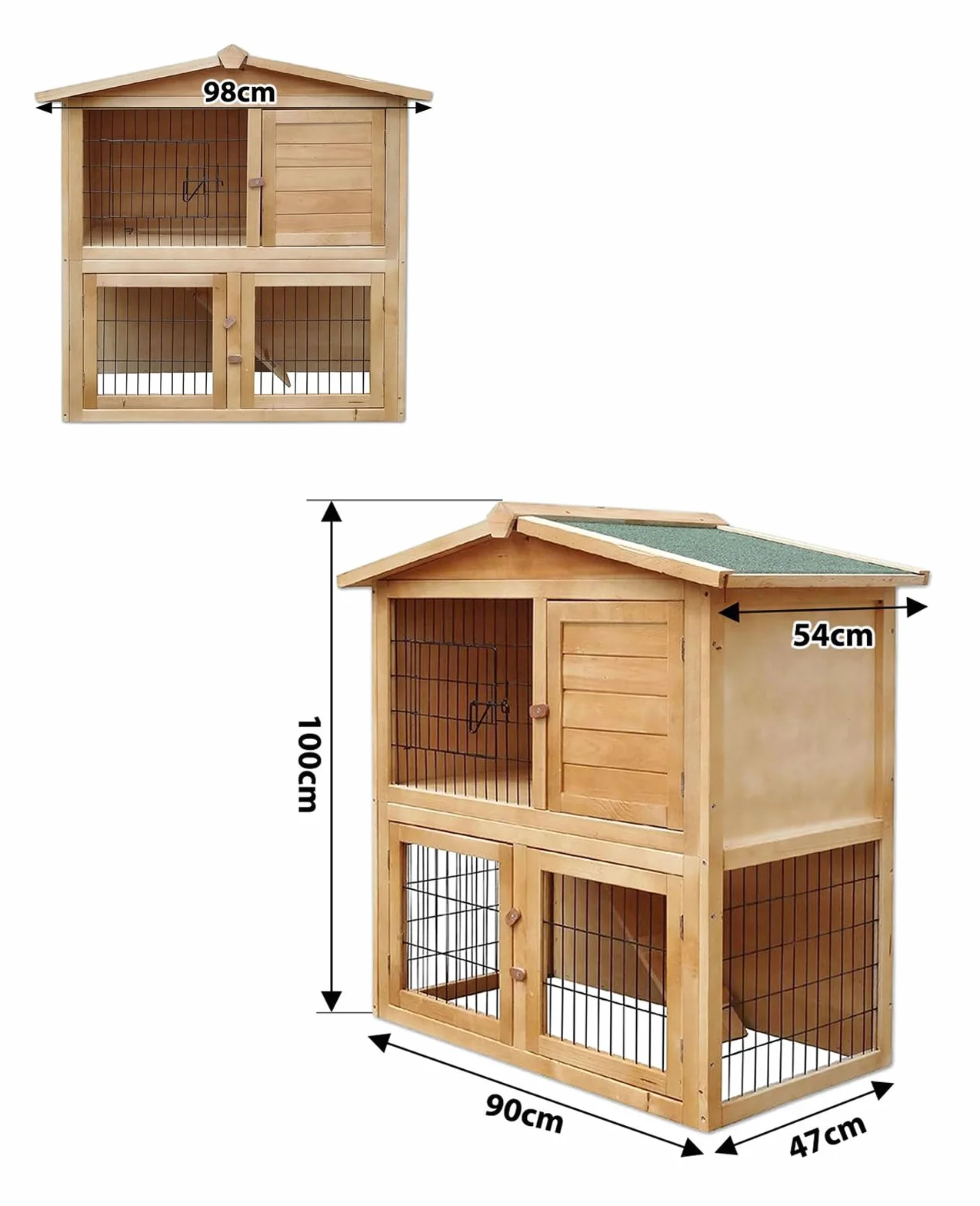 lionto Dwupoziomowa klatka dla królika z drewna z rampą, 98x54x100 cm, dach z bitumu odporny na wodę, metalowa krata, domek zimowy dla królika na zewnątrz, 4 wejścia