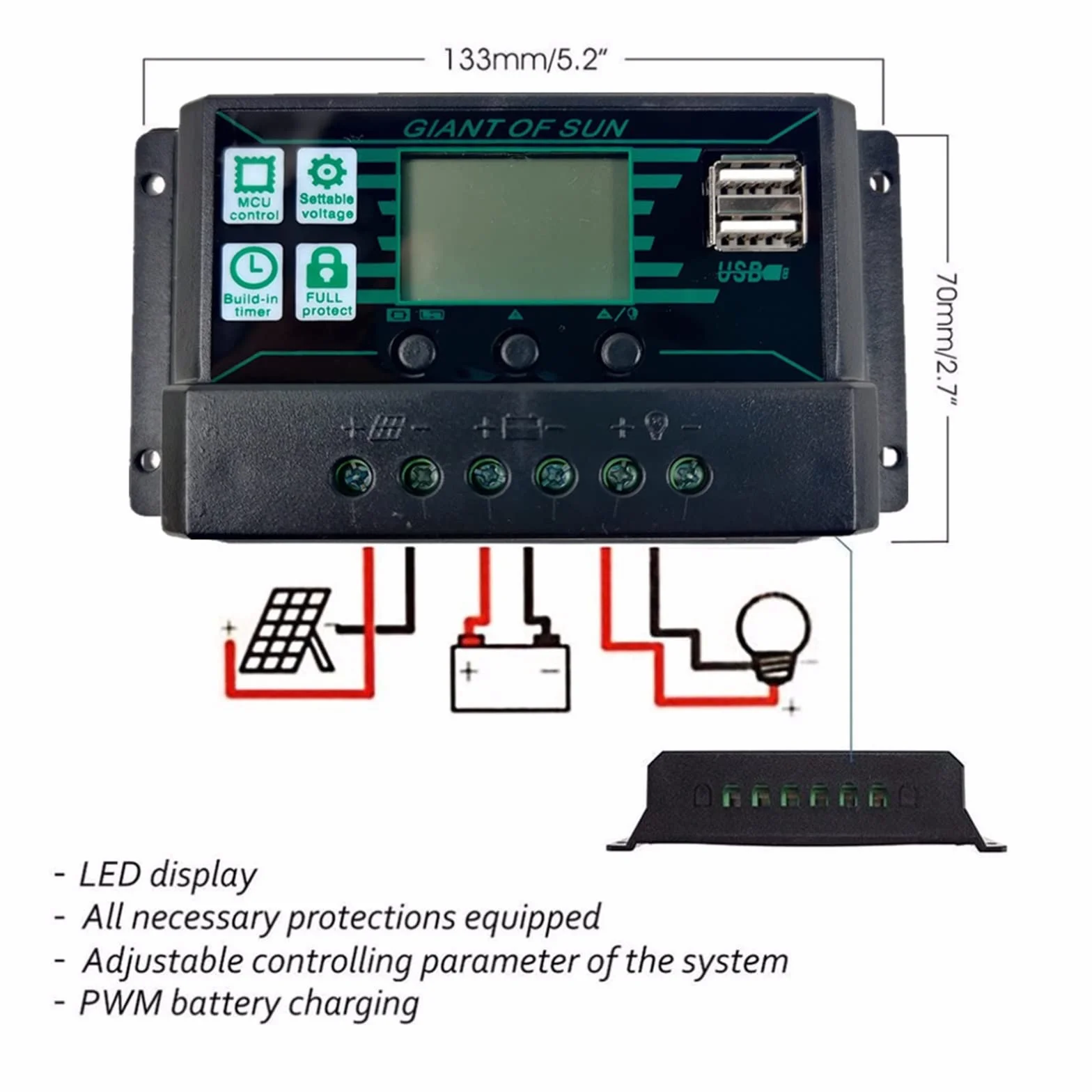 Kontroler ładowania słonecznego, MPPT Solar Charge Controller PWM 10A-100A Solar Power Intelligent Regulator 12V 24V Auto Dual USB LCD Display Load Discharger(3)