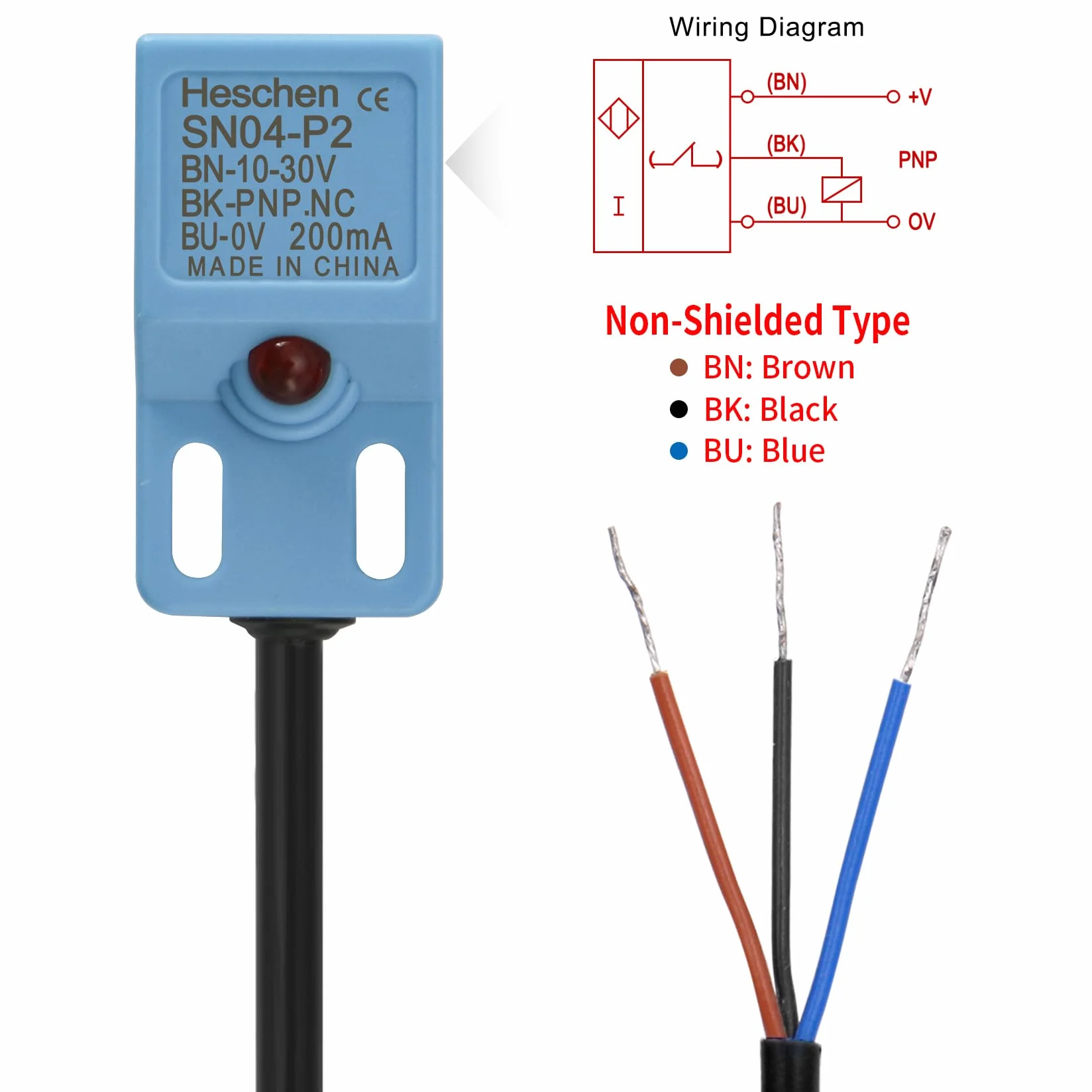 Heschen Kwadratowy czujnik zbliżeniowy indukcyjny przełącznik typu non-Shield SN04-P2 odległość detektora 5 mm 10-30 VDC 200 mA PNP normalnie zamknięty (NC) 3 przewody