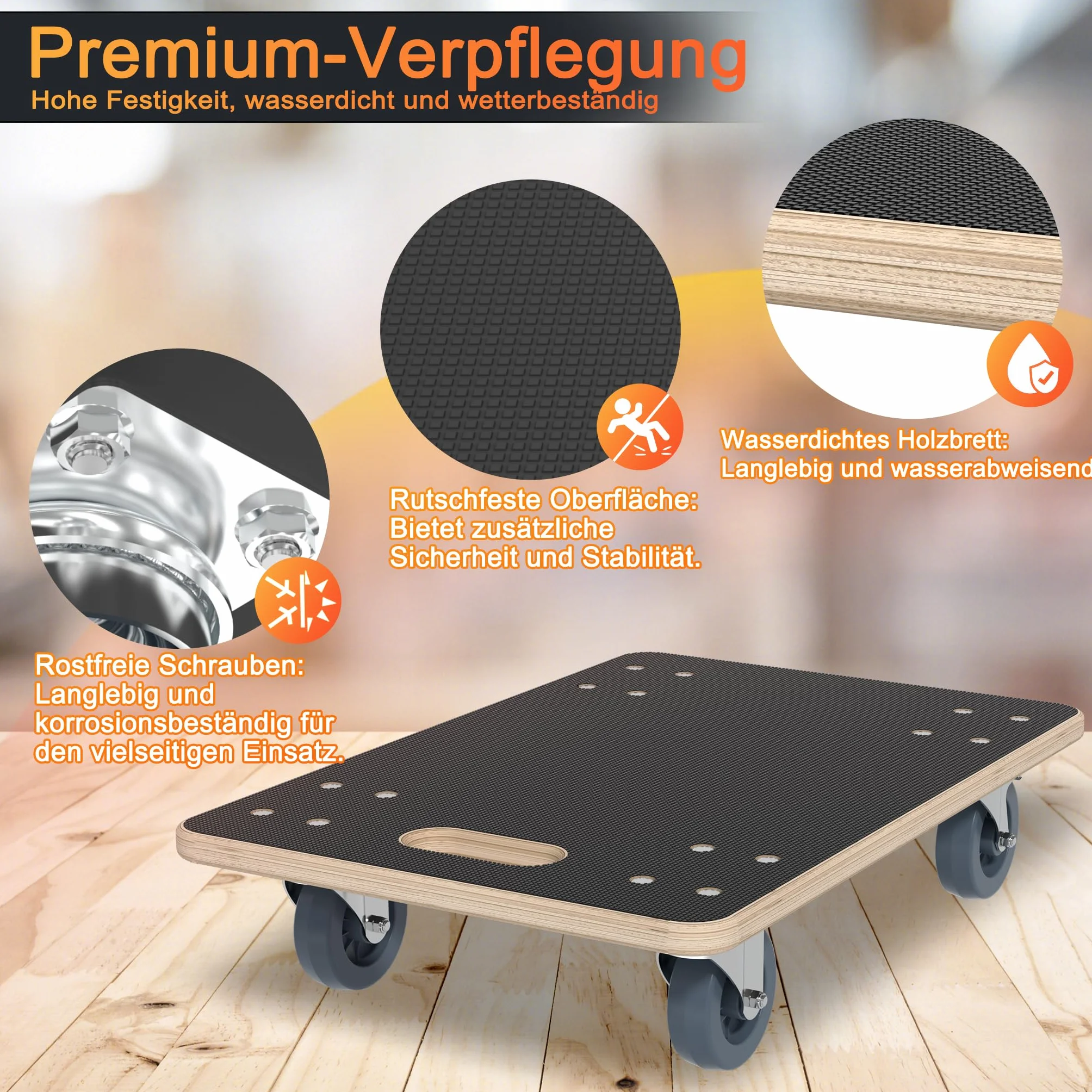 AufuN 1x wózek transportowy na kółkach 60x40x14,5 cm z hamulcem, wózek transportowy do mebli z pomocą przy przeprowadzce, do transportu mebli o udźwigu do 200 kg, wytrzymały i bezpieczny