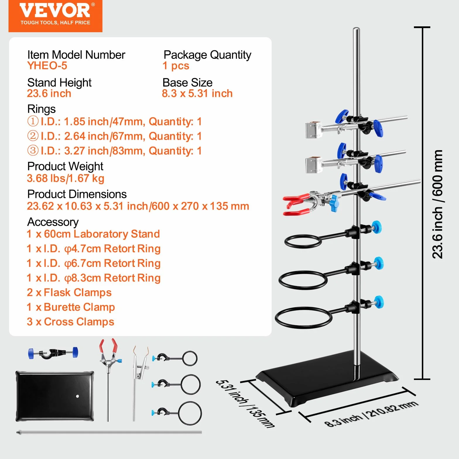 VEVOR Stojak laboratoryjny, zestaw stojaków laboratoryjnych, stalowy stojak laboratoryjny o średnicy 60 cm i żeliwna podstawa 21 cm x 14,5 cm, zawiera zaciski do piersi, zacisk do biurety i zaciski