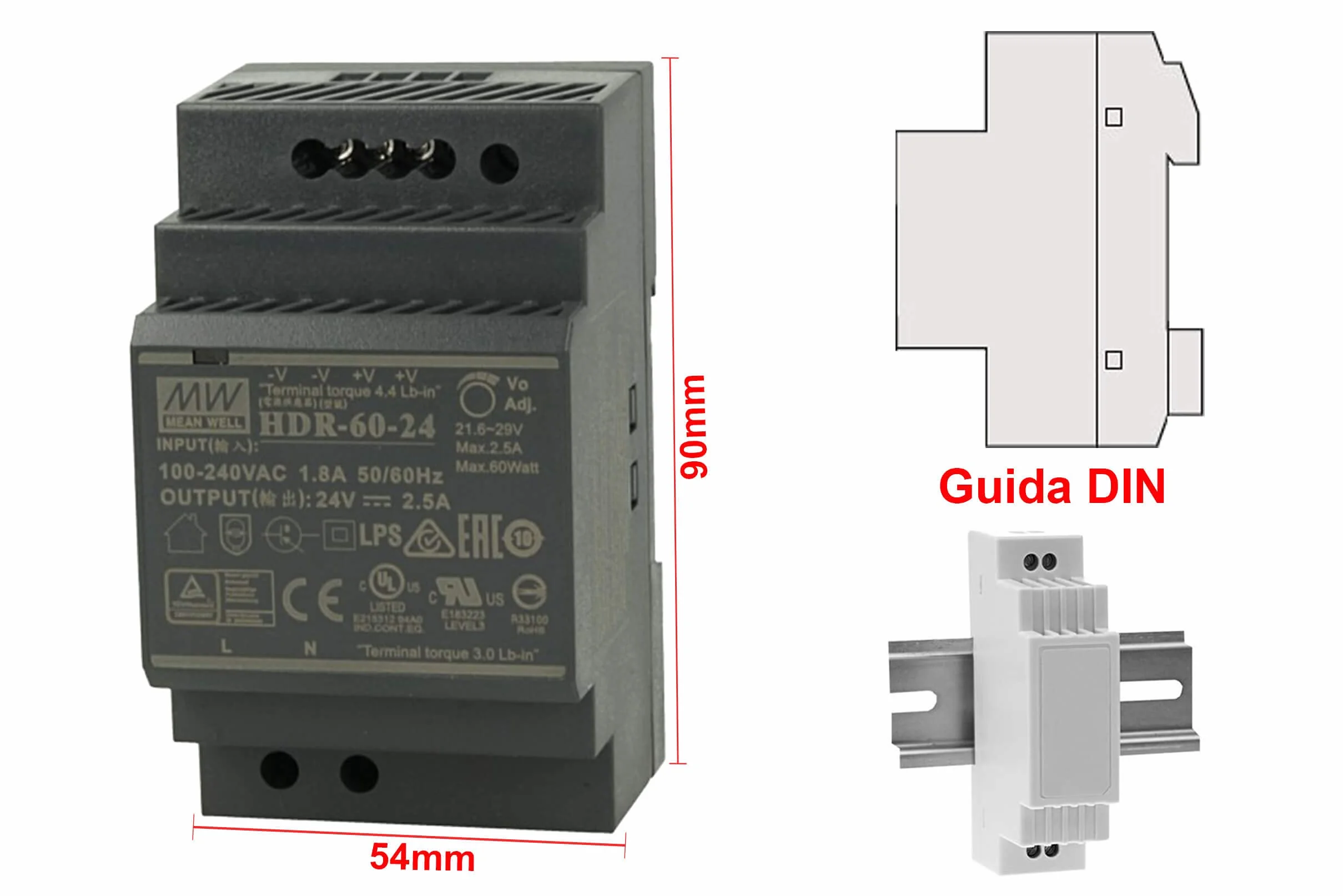 Mean Well HDR-60-24 Zasilacz Din-Rail 60W 24V 2,5A