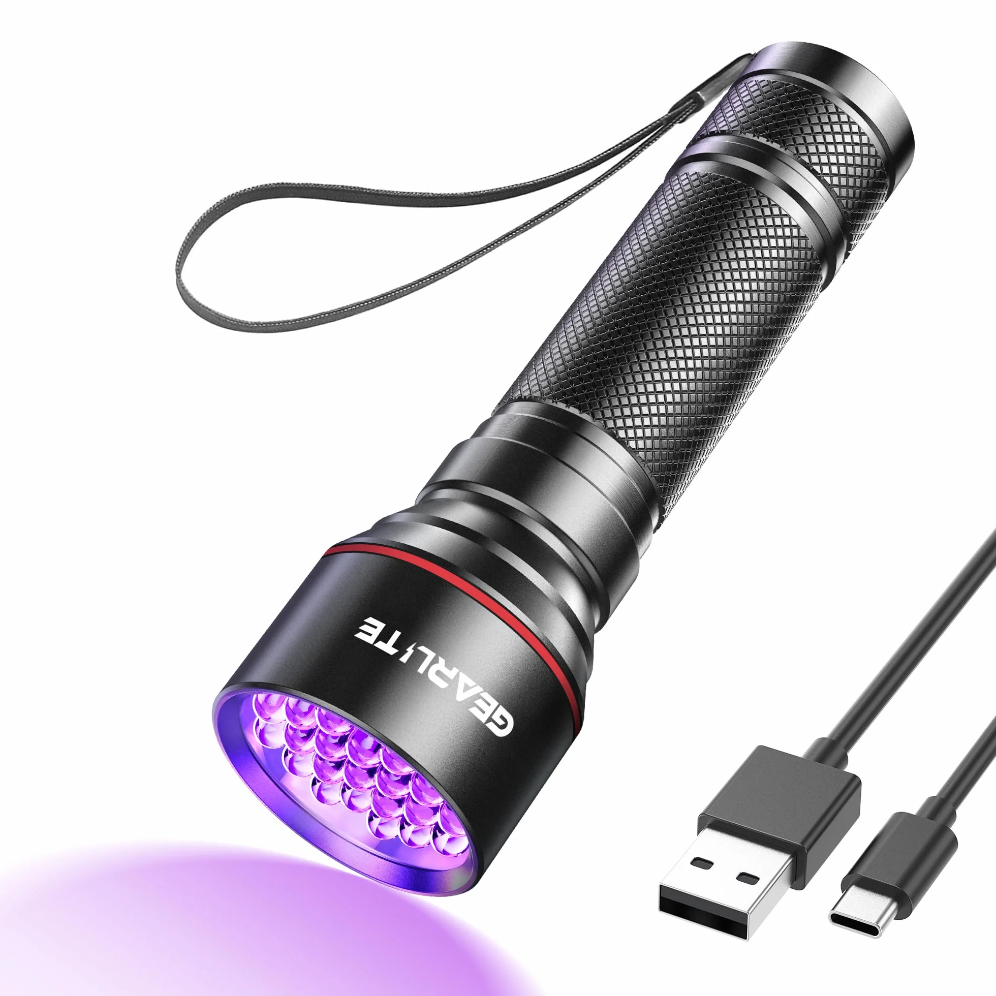 GEARLITE latarka LED ze światłem UV z 21 diodami LED, mini UV latarka z 395 nm, ultrafioletowe światło do geocachingu, detektor moczu zwierząt domowych, zaschnięte plamy moczu psów i innych zwierząt