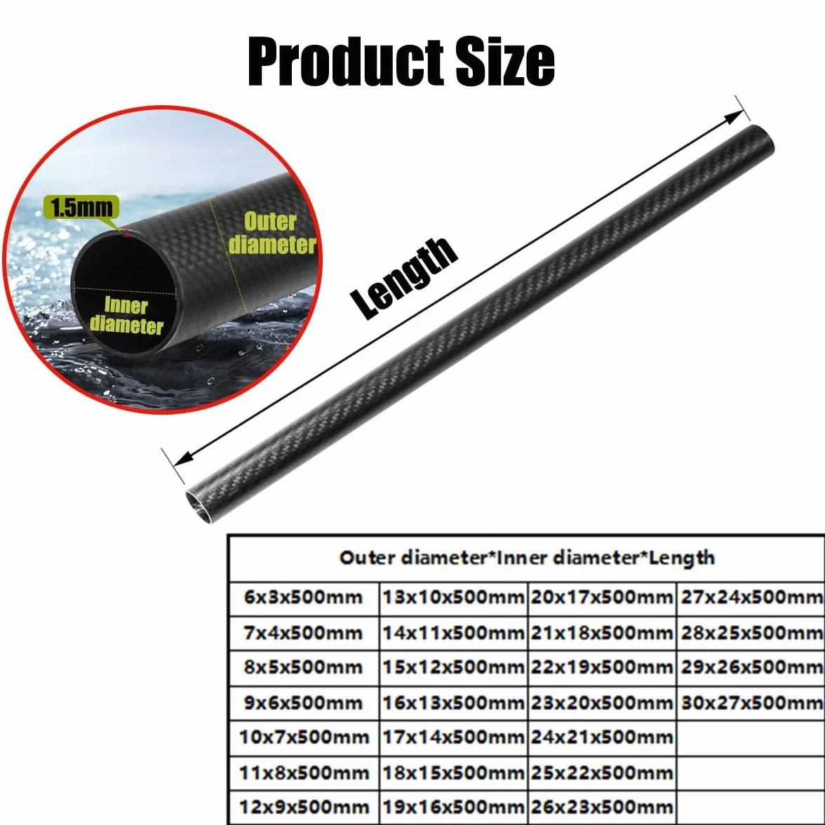 2 Szt Rurki Węglowe 3K 500mm Długość Ø6-30mm Rura Węglowa Twill Matowy Pręt Pusty Do Ram Dronów Modeli RC Prototypów Inżynierii Wyścigów Ulepszeń Projektów DIY(10x7x500mm)