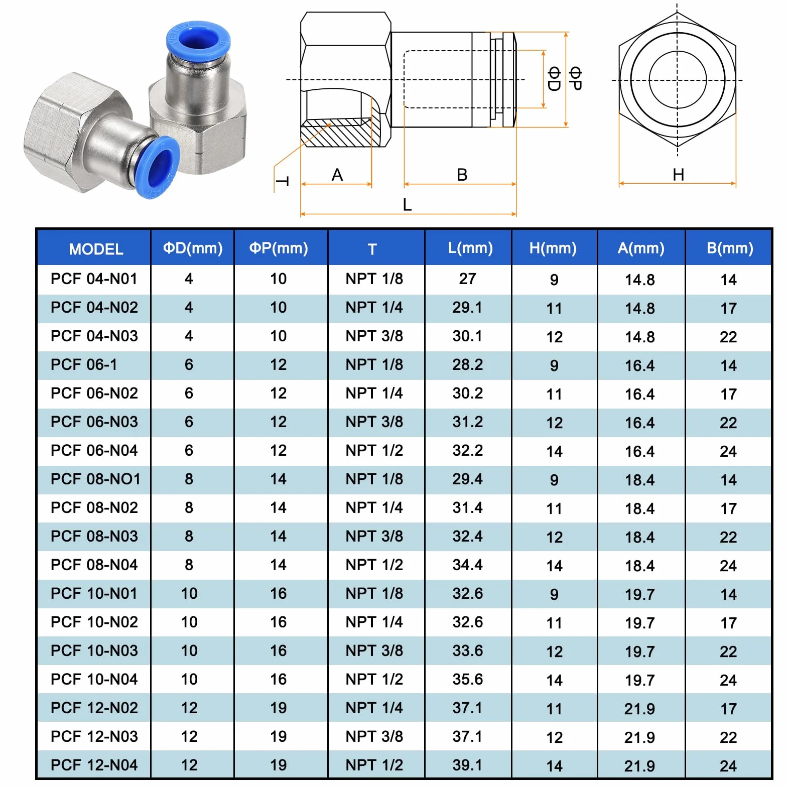 QUARKZMAN złączki gwintowane 3/8" NPT Push-To 5/16" OD PCF 08-03 srebrne