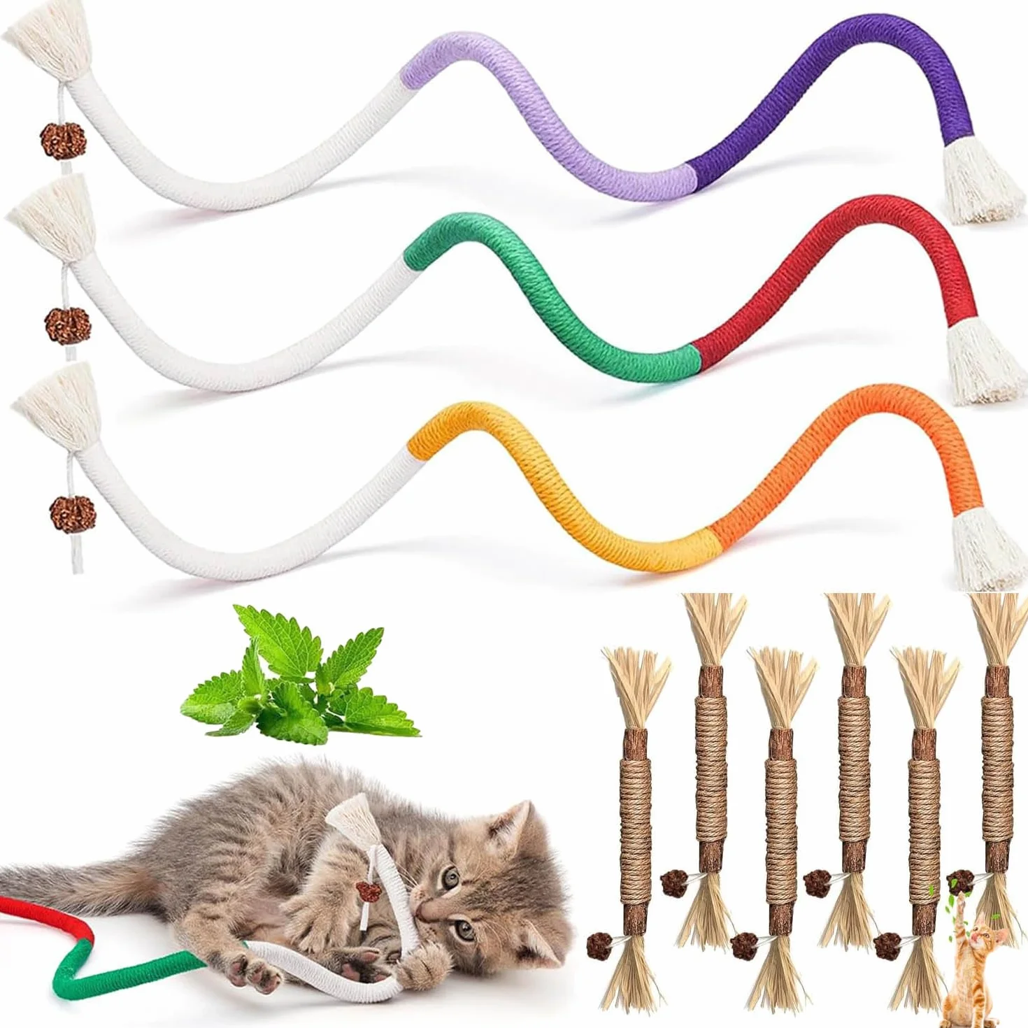 9 Pcs Kitten Teething Toy（6 Pcs Cats Chew and 3 Pcs Cat Rope Toy）Catnip Toys for Cats丨Kitten Chew Toys for Indoor Cat Teeth Cleaning Teething and Stress Release