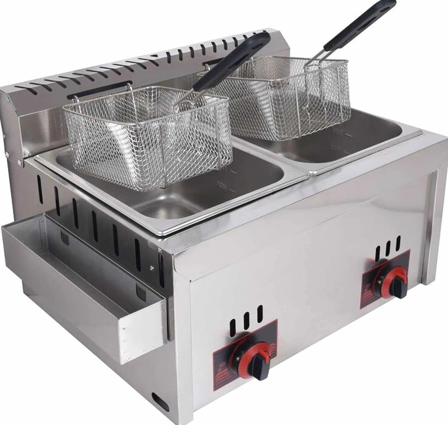 Komercyjna frytkownica gazowa z 2 koszami, 10 l x 2 o du?ej pojemno?ci, precyzyjna kontrola temperatury frytek, ryb i wielu innych produktów w jako?ci restauracyjnej