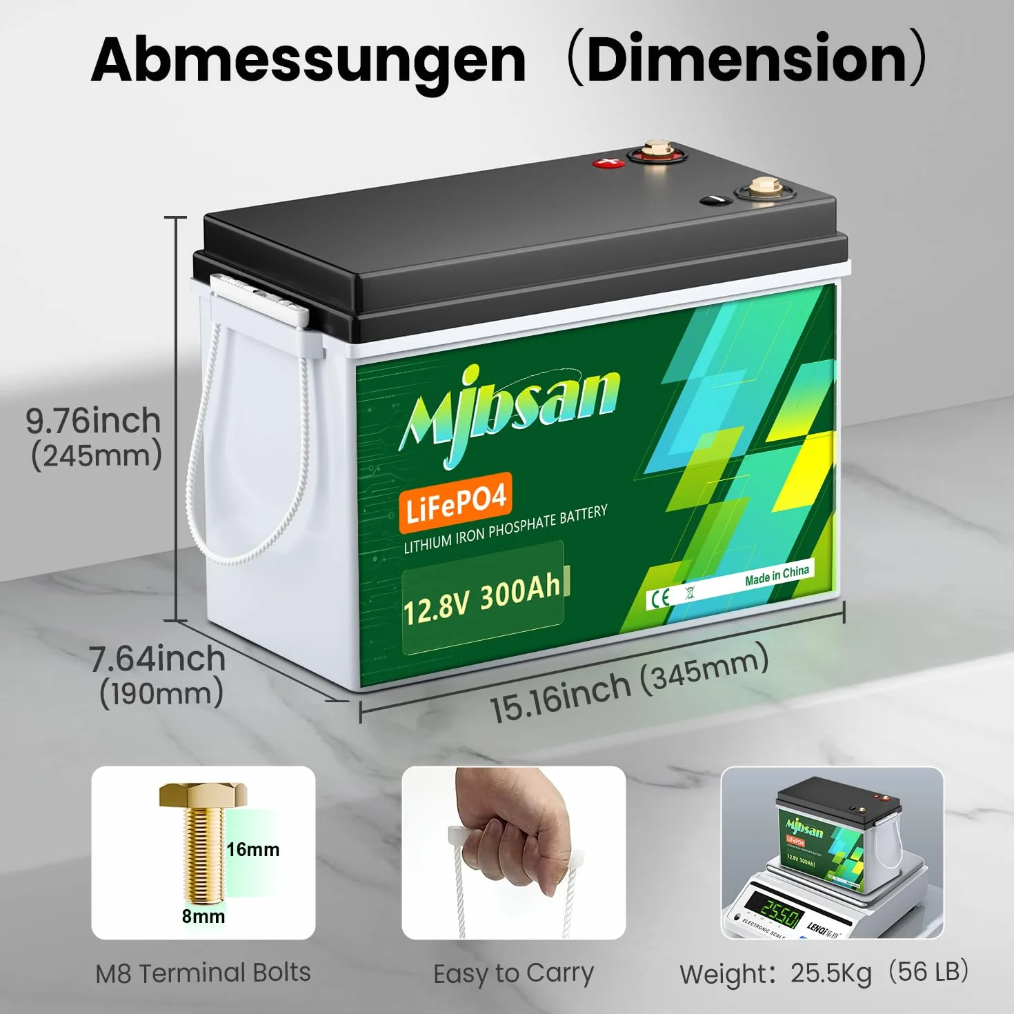 Bateria Mjbsan 12V 300Ah LiFePO4 z wbudowanym Bluetooth 200A BMS, 3840Wh akumulator litowy o głębokim cyklu, cykle 8000+, idealny do kamperów, przyczepy słonecznej, łodzi i kempingu