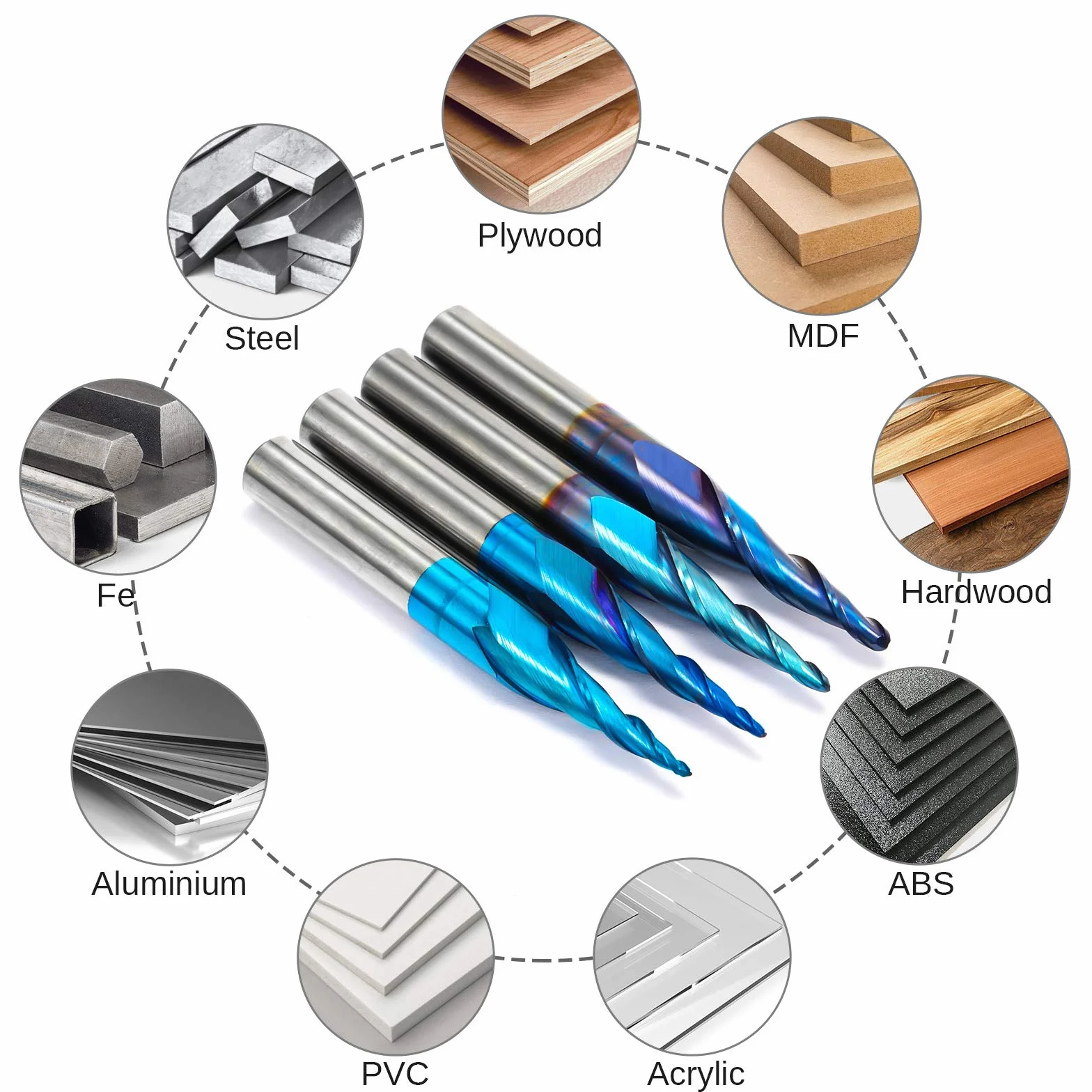 Genmitsu Frez spiralny z noskiem kulowym, 4 szt., 2-punktowy, z nano-niebieską powłoką z węglika wolframu, wiertła do frezowania CNC do grawerowania 2D i 3D, R0.25-1.0, chwyt 1/4", TB04B