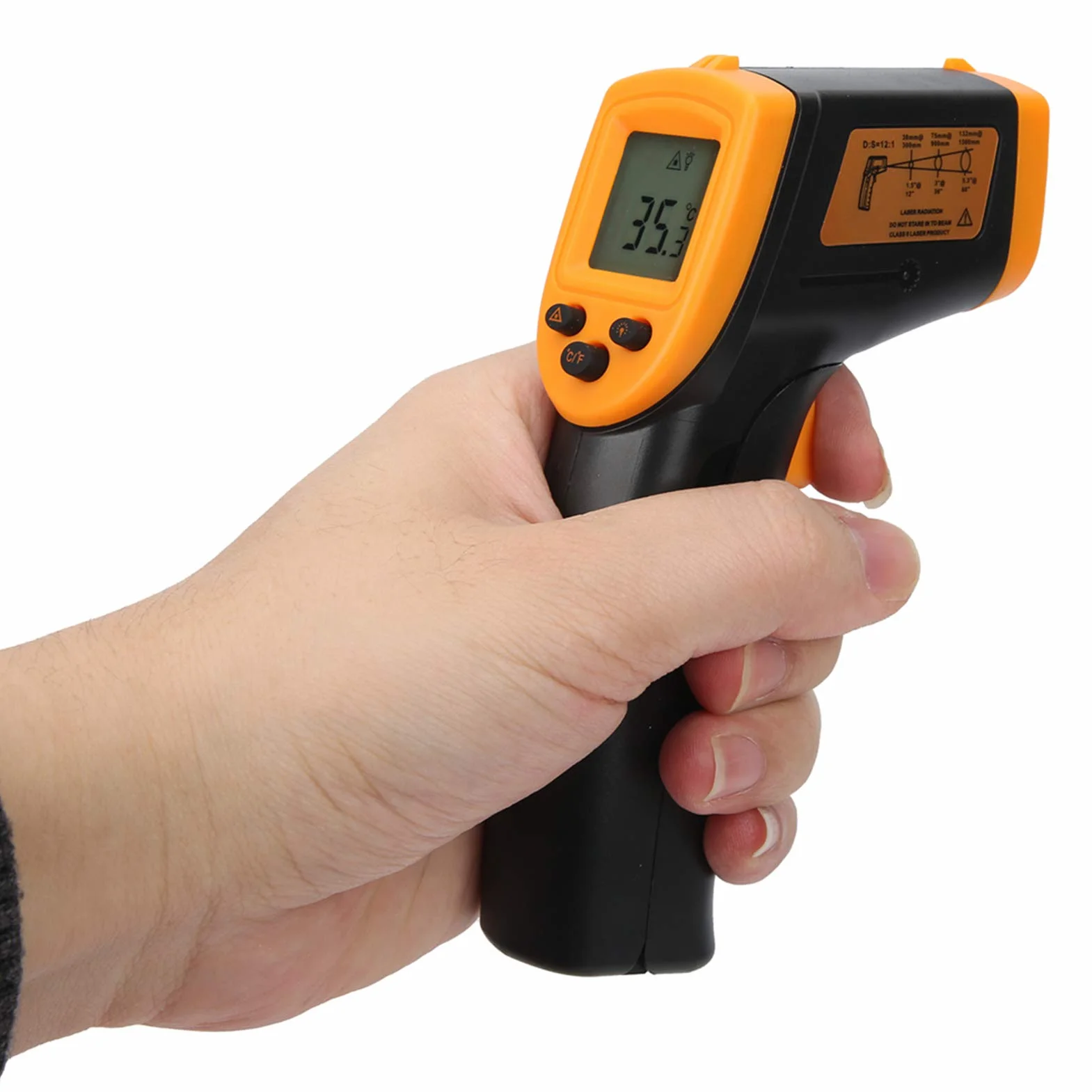 HW600 Termometr na Podczerwień do Bezkontaktowych Obiektów, Cyfrowy Termometr z Wyświetlaczem LCD do Pomiaru Temperatury Wbudowany Laserowy Termometr do Pomiaru Powierzchni Przedmiotu.(żółty)