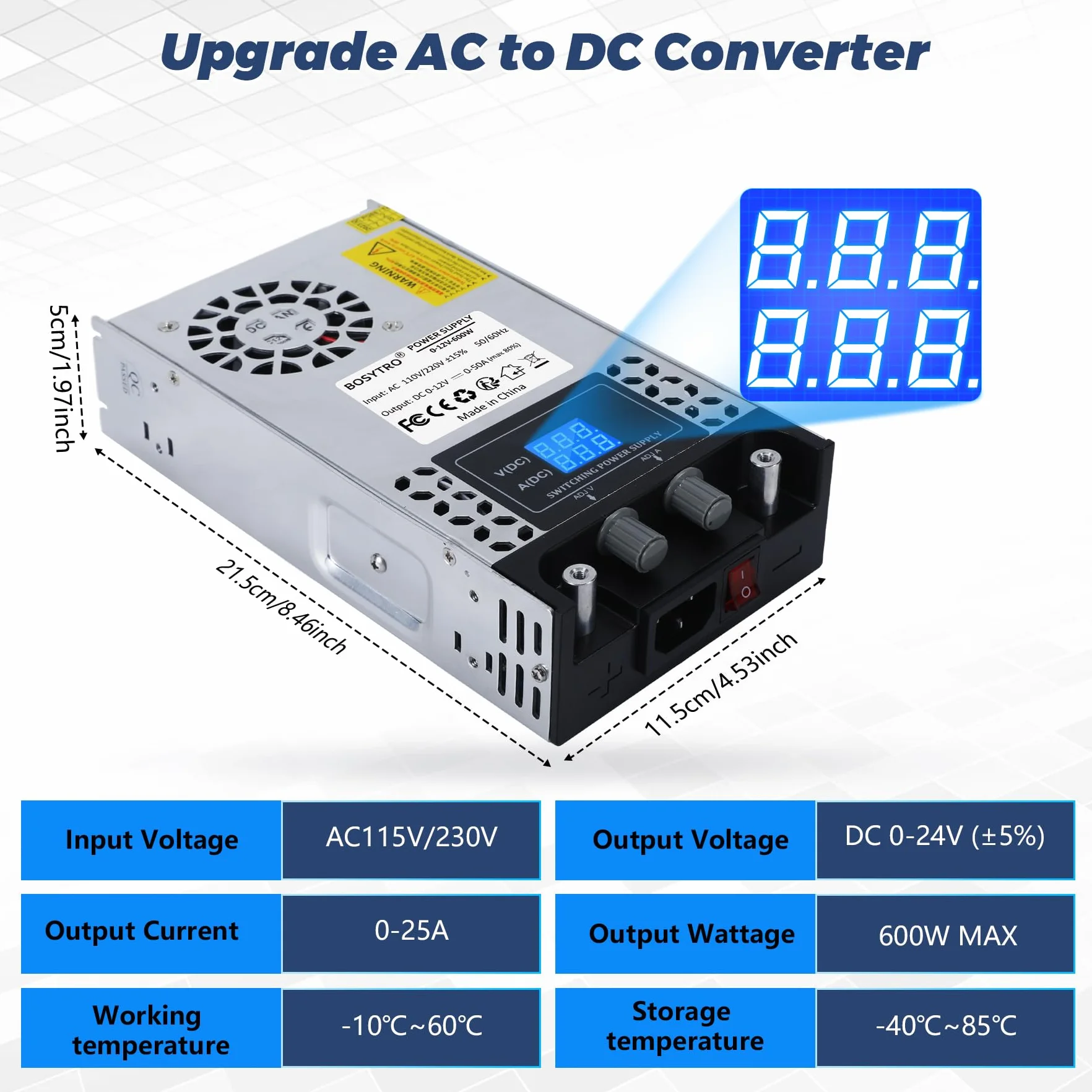 Regulowany zasilacz impulsowy 0-24 V 0-25 A 600 W 230 V SMPS do taśm LED