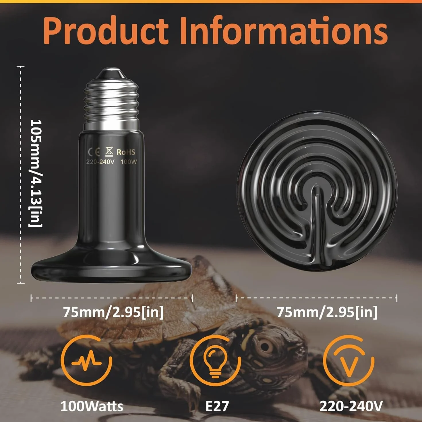 Bonlux 100W Lampa grzewcza do terrarium dla gadów, ceramiczny promiennik E27 dla jaszczurek/żółwi/węży/kurczaków/psów, bez światła, 2 sztuki