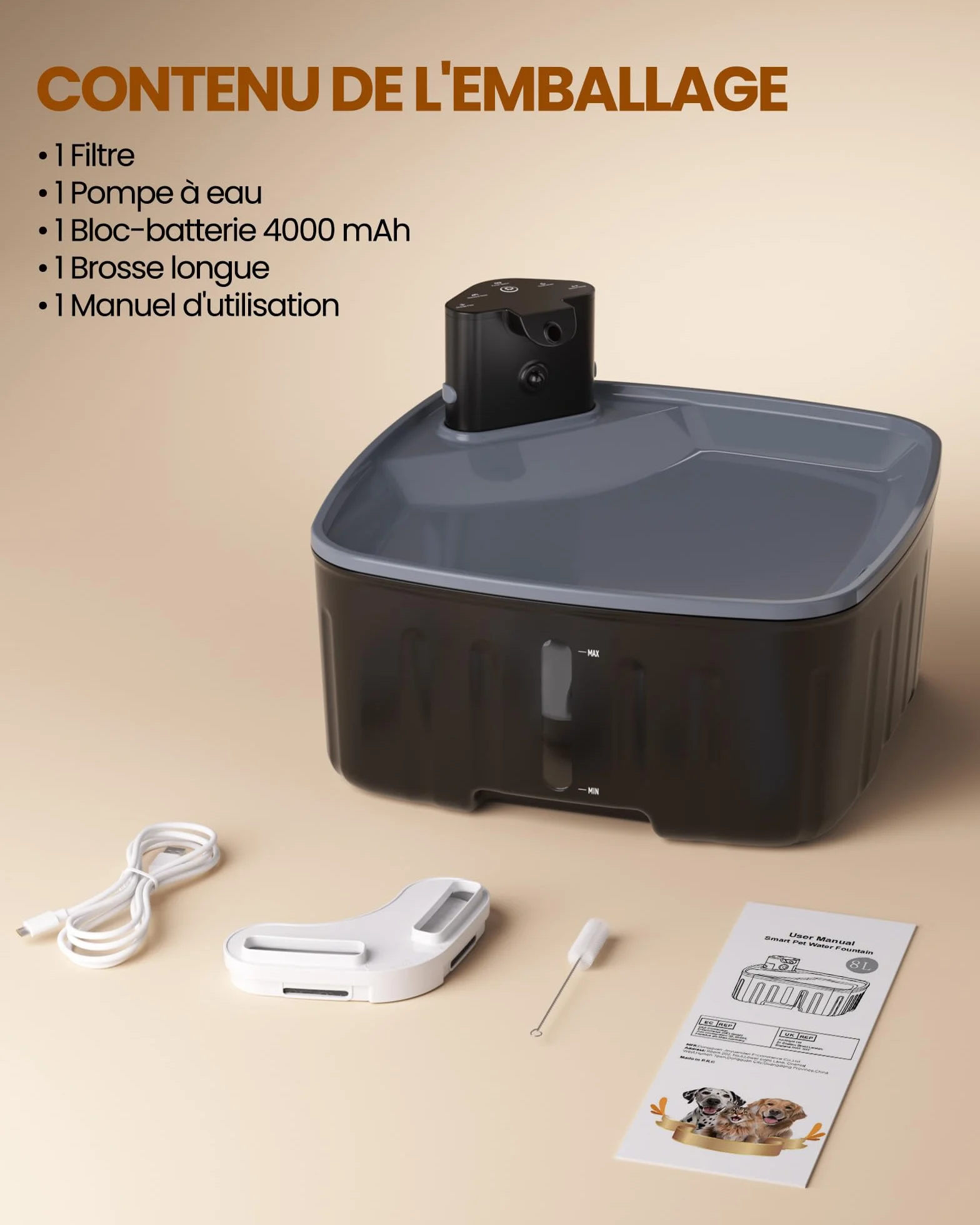 Kittyspout Bezprzewodowa fontanna do picia dla psów, 8L duża fontanna dla psów/kotów z czujnikiem ruchu, z akumulatorem 5000 mAh, z cichą pompą i filtrem z węglem aktywnym