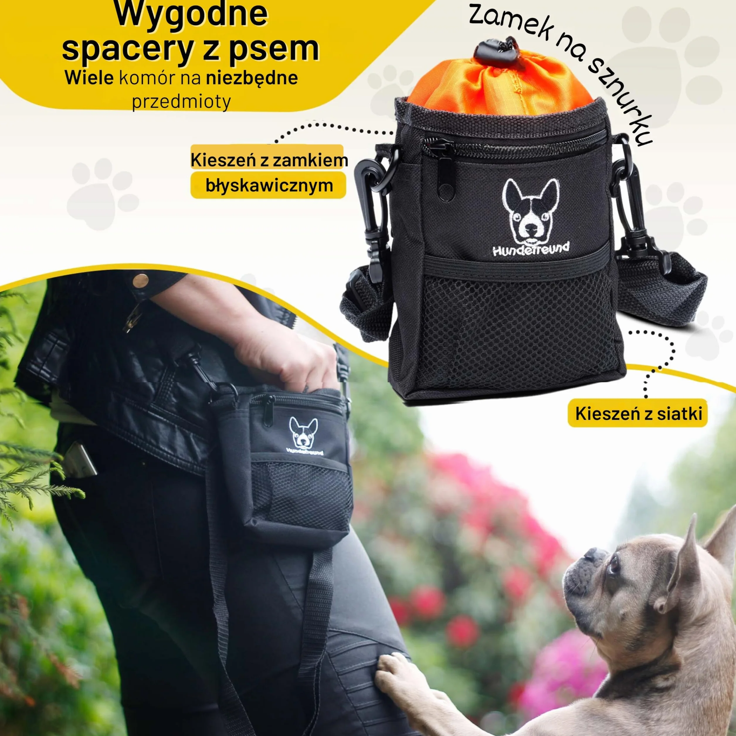 Hundefreund Worek na smakołyki dla psów, mały worek na karmę do treningu z psem i na smakołyki, 4 warianty noszenia z 4 przegródkami (14 x 11 x 4 cm)