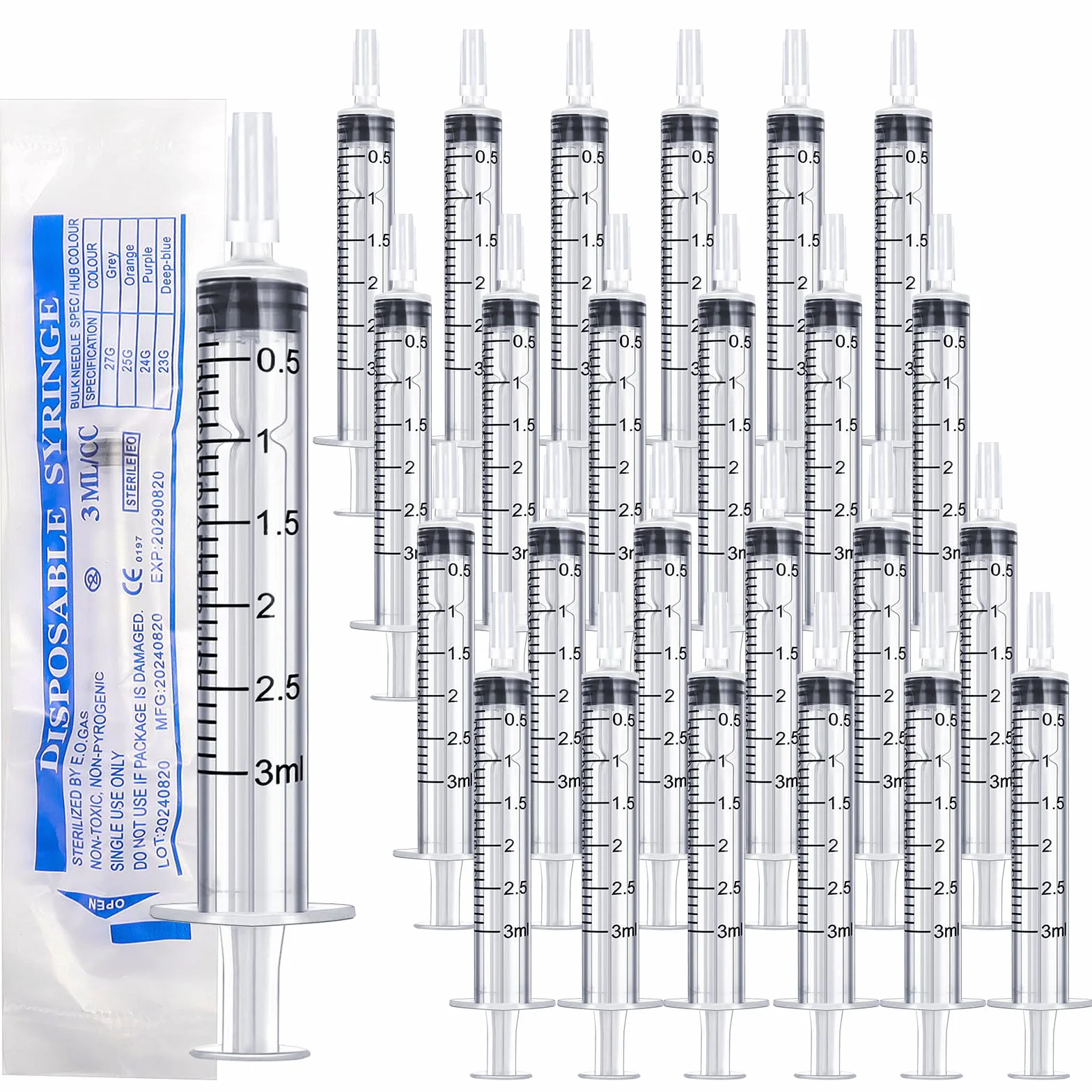 60 sztuk strzykawek 3 ml, pakowane pojedynczo z nasadkami, jednorazowe strzykawki 3 ml, strzykawka z miarką płynu, strzykawka 3 ml, do karmienia zwierząt domowych, laboratoriów, płynów i nawadniania