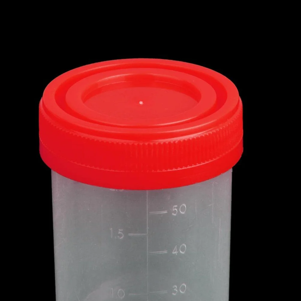 Sterylny plastikowy kubek na próbki 60 ml z podziałką i pokrywką