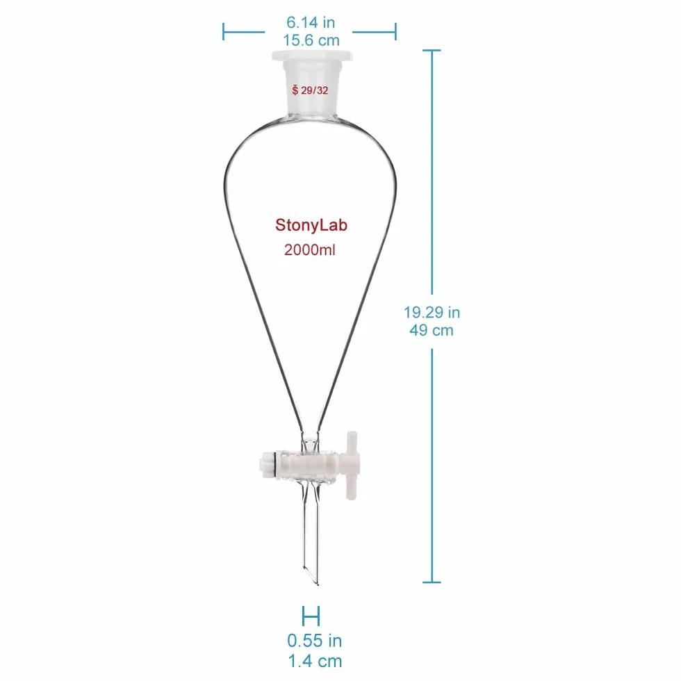 StonyLab Szkło borokrzemowe 2000 ml ciężki lejek separacyjny ze stożkiem 29/32 przegubami i korek PTFE, 2 l (2 litry)