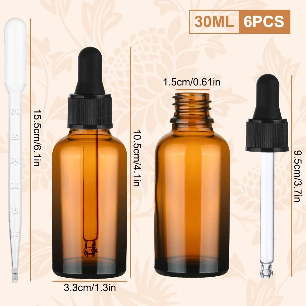 Zestaw butelek z zakraplaczem, 6 x 30 ml brązowe szklane butelki z zakraplaczem, mała pipeta ze szklaną pipetą, do laboratorium, olejków eterycznych, kosmetyków, aromaterapii