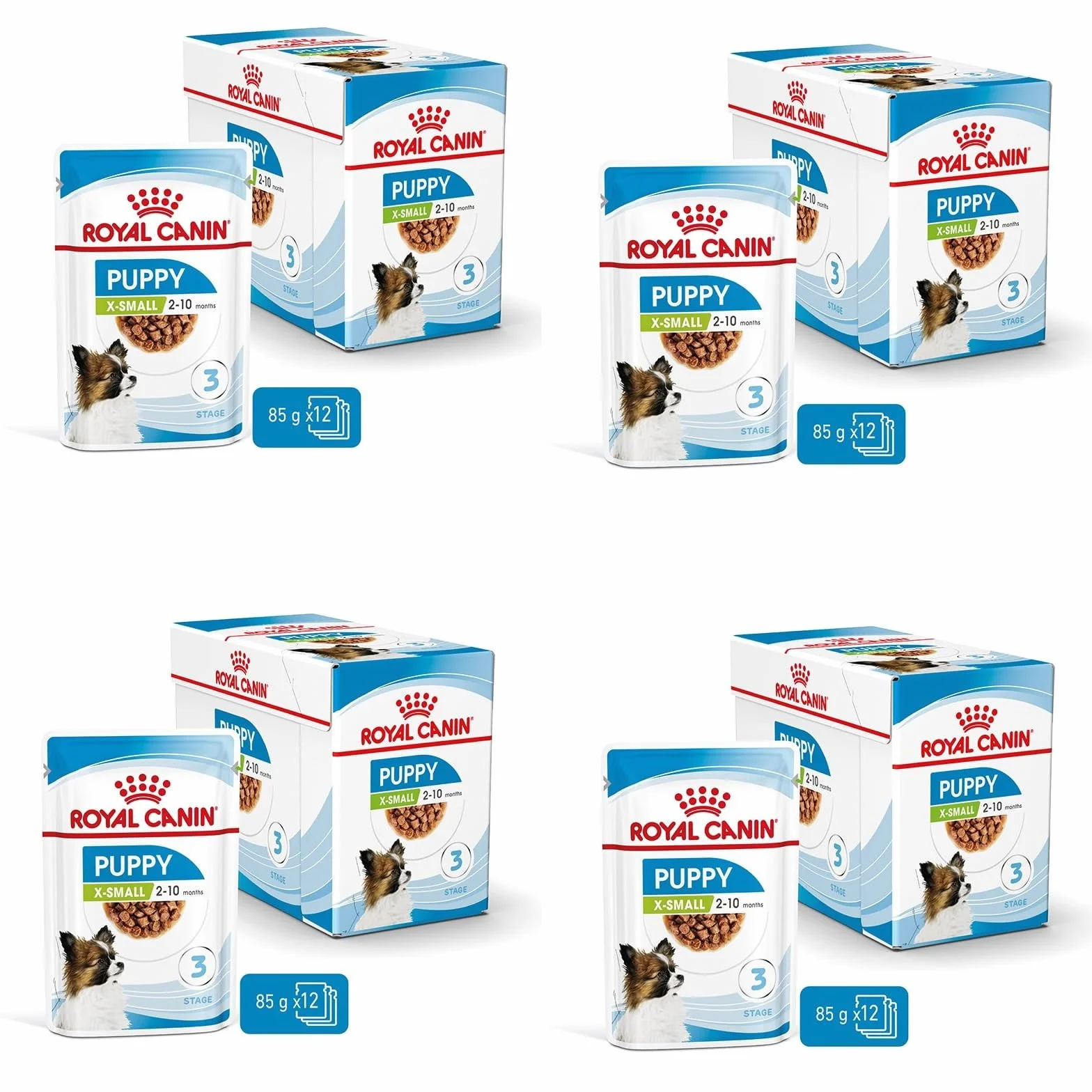 ROYAL CANIN XS Puppy 4 szt. | 4 x 12 x 85 g | karma nawilżająca dla szczególnie małych szczeniaków | do 10 miesiąca życia | z przekąskami w sosie | w woreczku