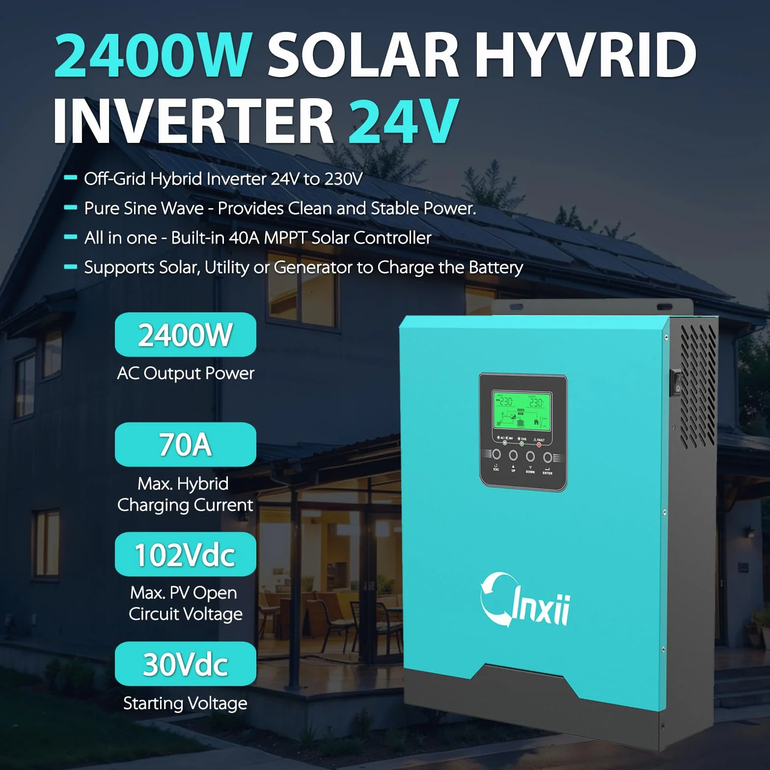 Falownik hybrydowy solarny 3KVA 2400W 24V DC 230V AC sinusoidalny regulator ładowania 50A PWM