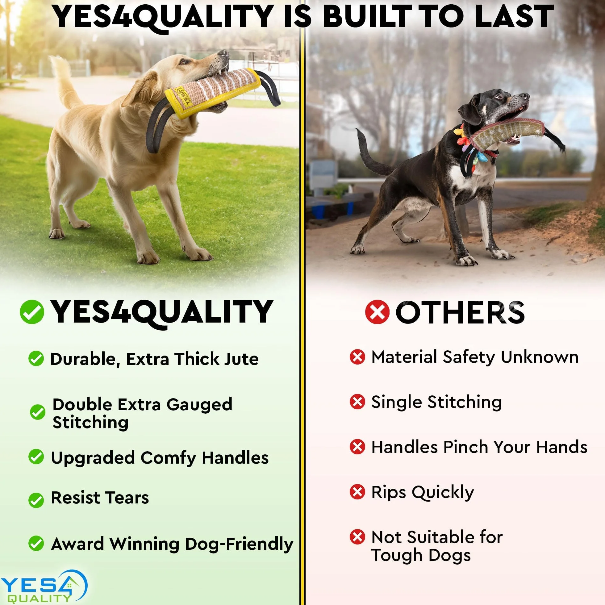 Dog Tug Toy (30.5 x 8cm), Durable Pull Toy w/ 2 Soft & Strong Handles, Tough Jute Training Toy for Medium to Large Dogs by Yes4Quality