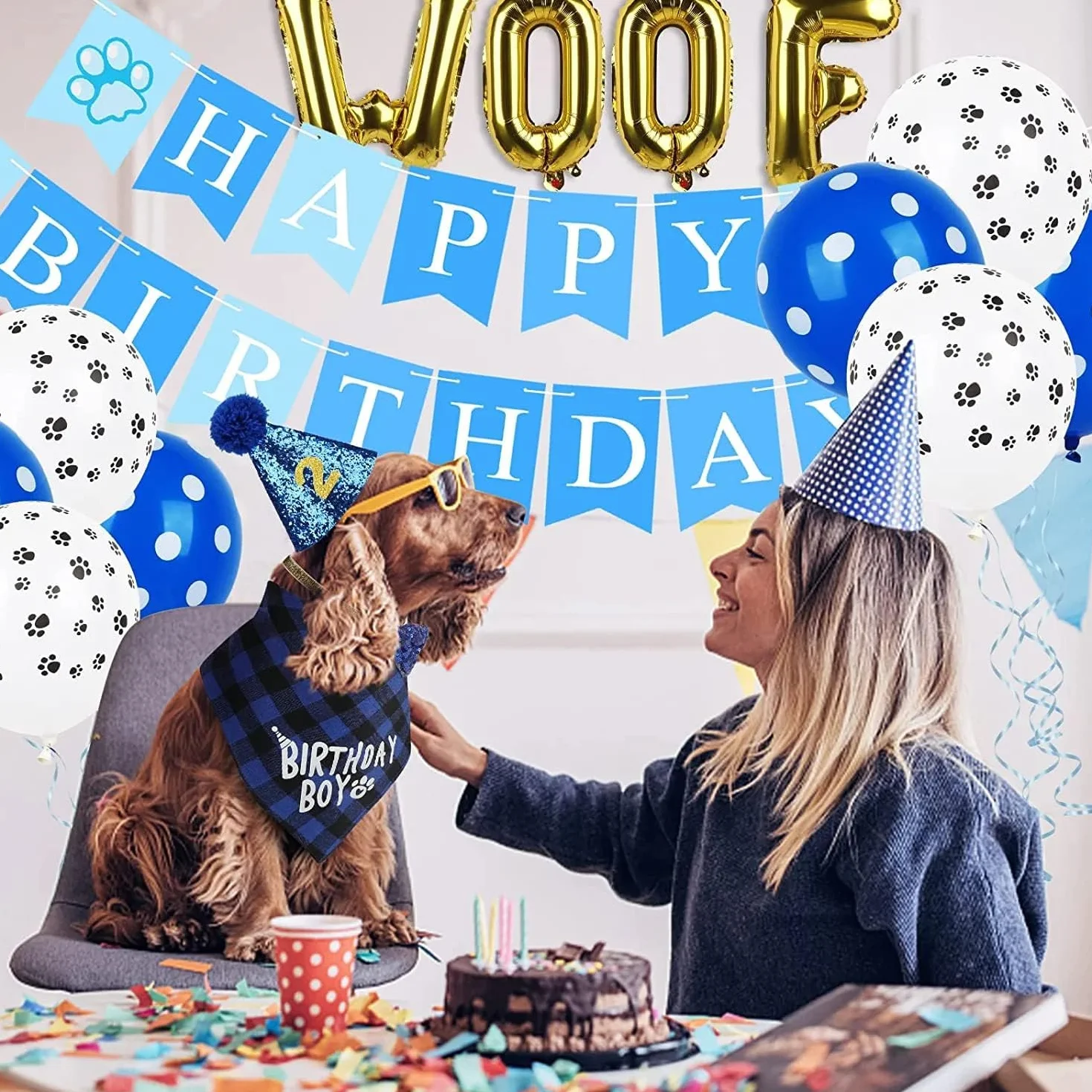 Boxgear Akcesoria na imprezę urodzinową psa, kapelusz bandana, zestaw banerów, WOOF, balony Happy Birthday, akcesoria na imprezę urodzinową dla zwierząt domowych, szczeniaków, kotów