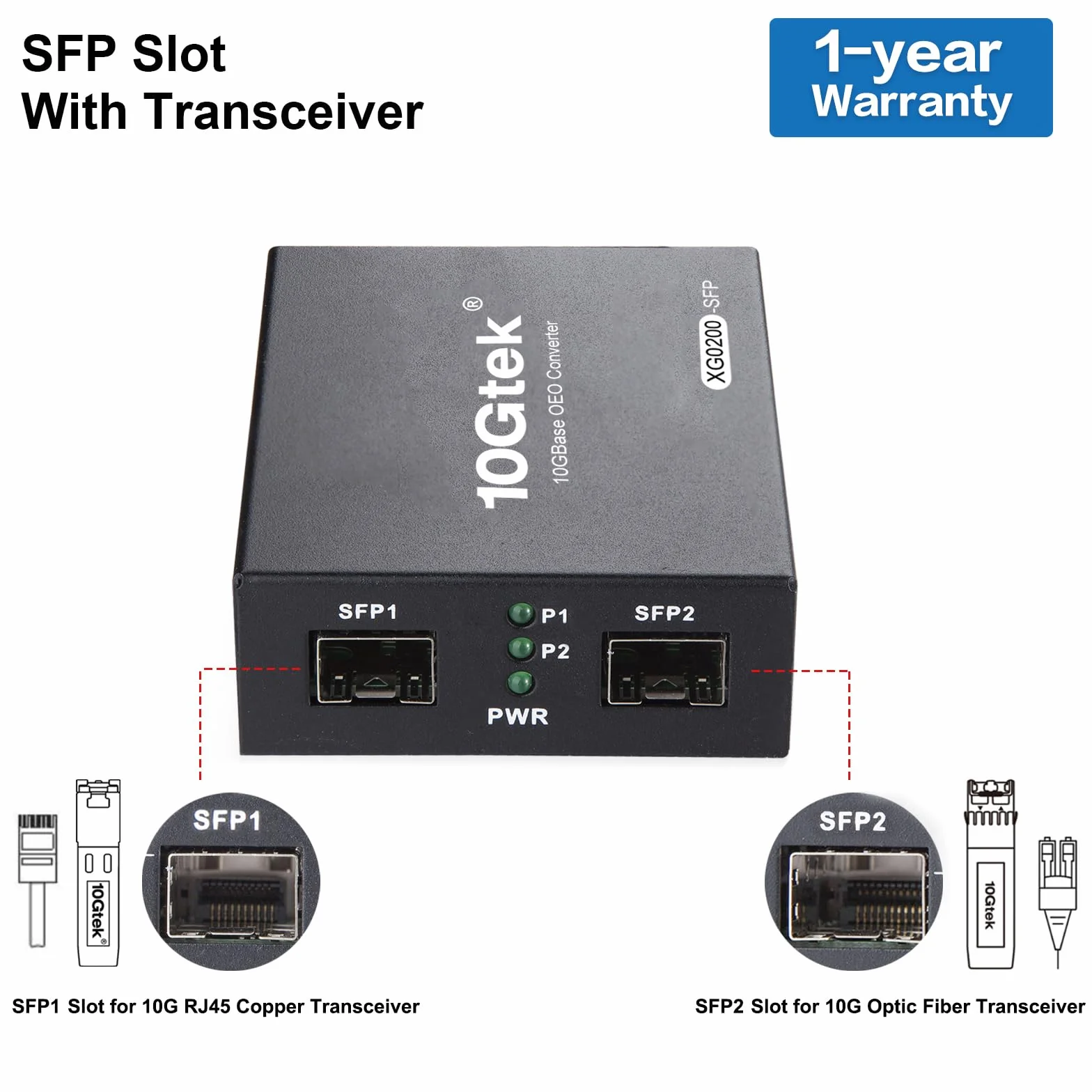 10Gtek G0200-SFP SFP+ Media Converter 10GBase-T 30m LR 10km SMF 1310nm European Power Supply